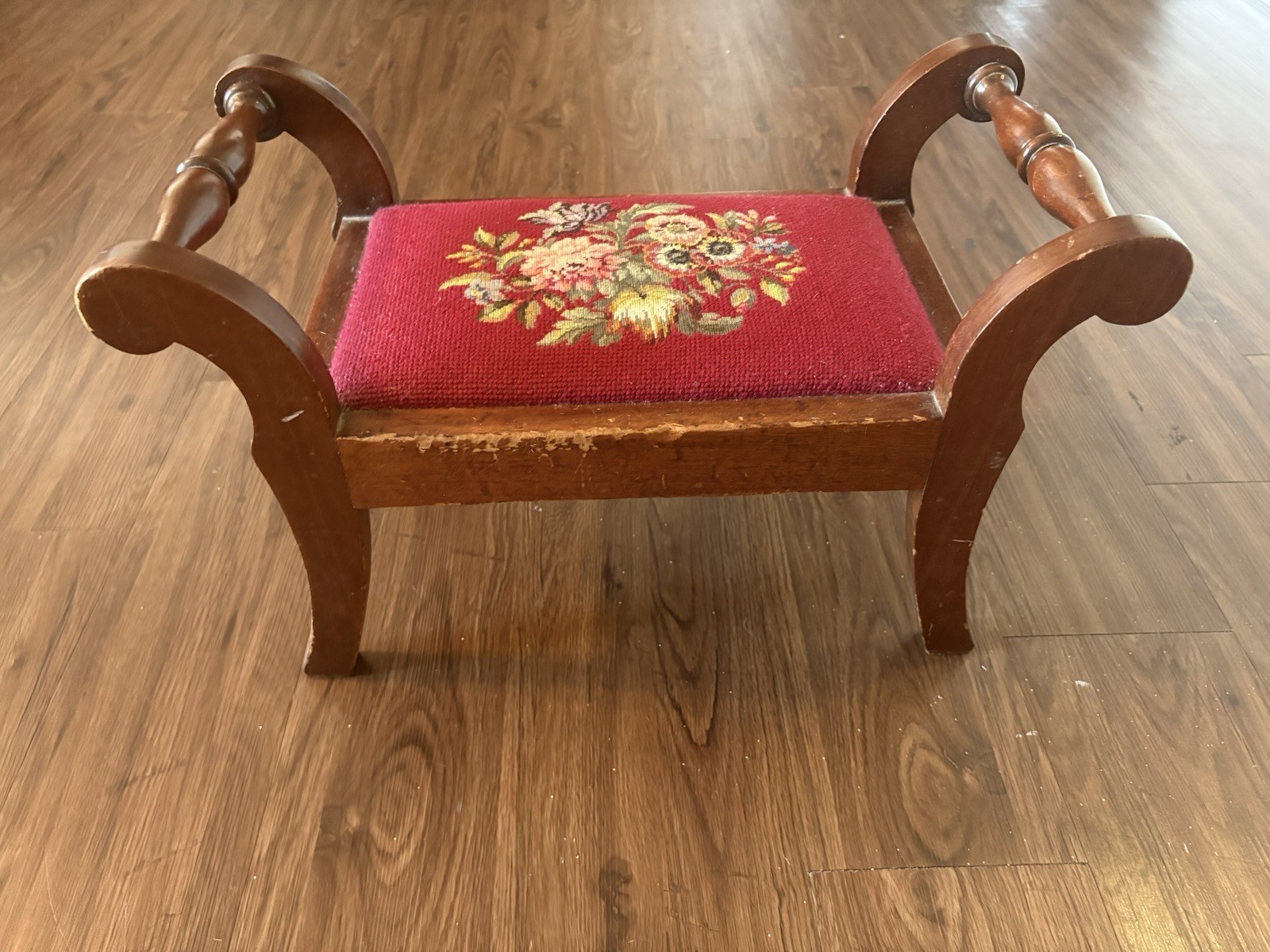 19thC Antique Victorian Footstool Bench Floral Needlepoint Petit Point