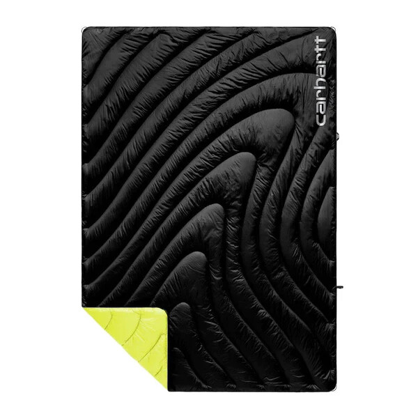 New RUMPL X CARHARTT ORIGINAL PUFFY Black Lime Camping quilted BLANKET 52 X 75