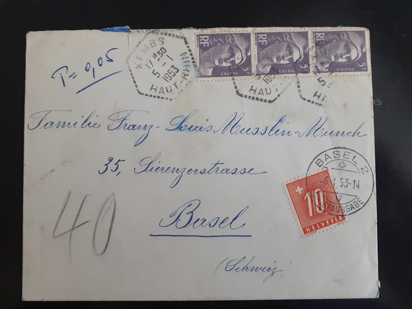 France - 1953 - Tax Cover to Basel + Tax Stamp Switzerland