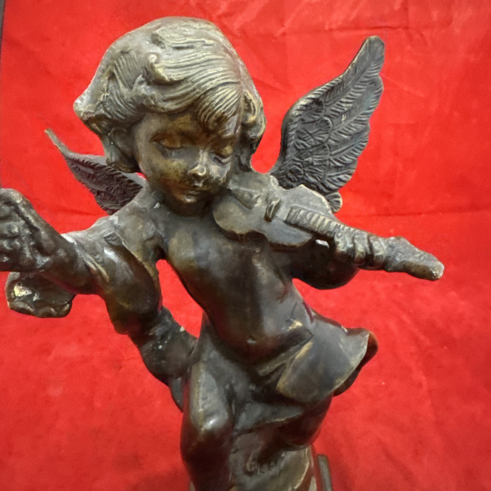 Bronze Cherub Angel Boy Playing Violin 12.5” Tall Heavy