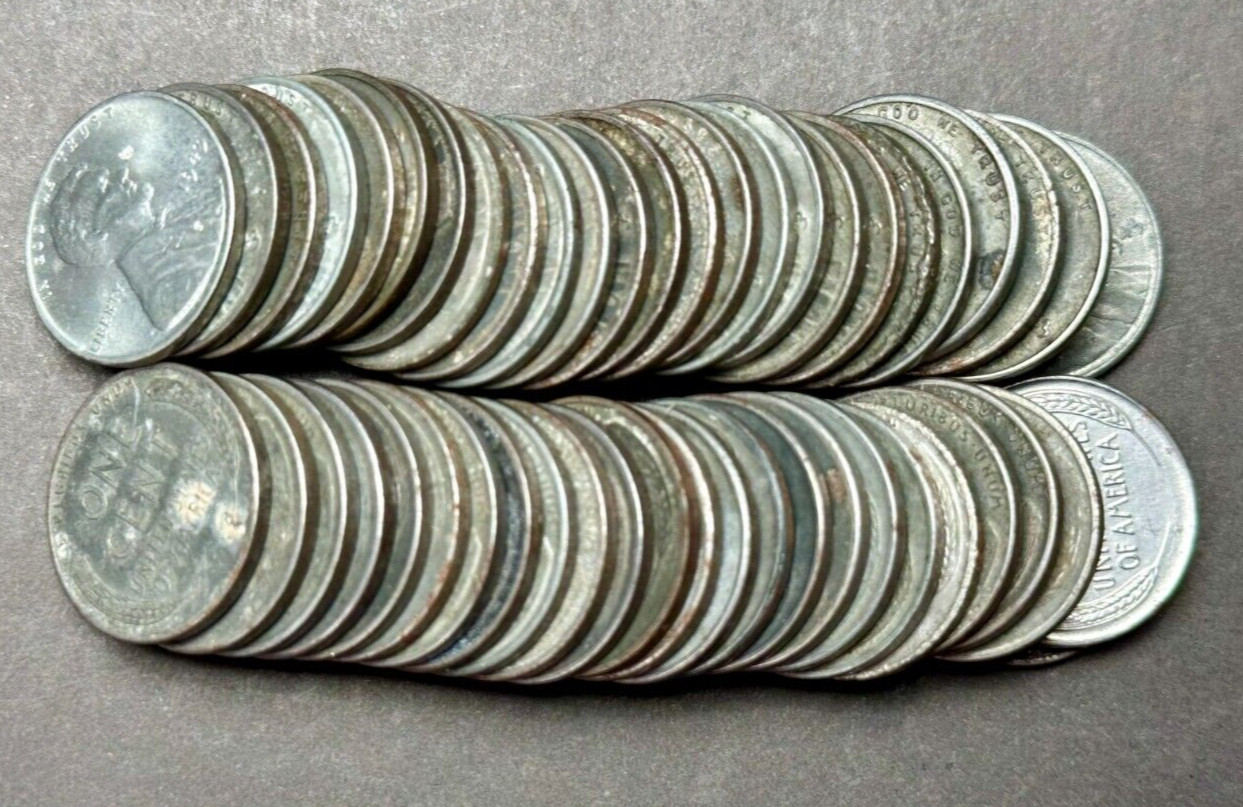 1943 STEEL LINCOLN WHEAT CENT PENNY ROLL (50 coins) STEEL PENNY, good condition