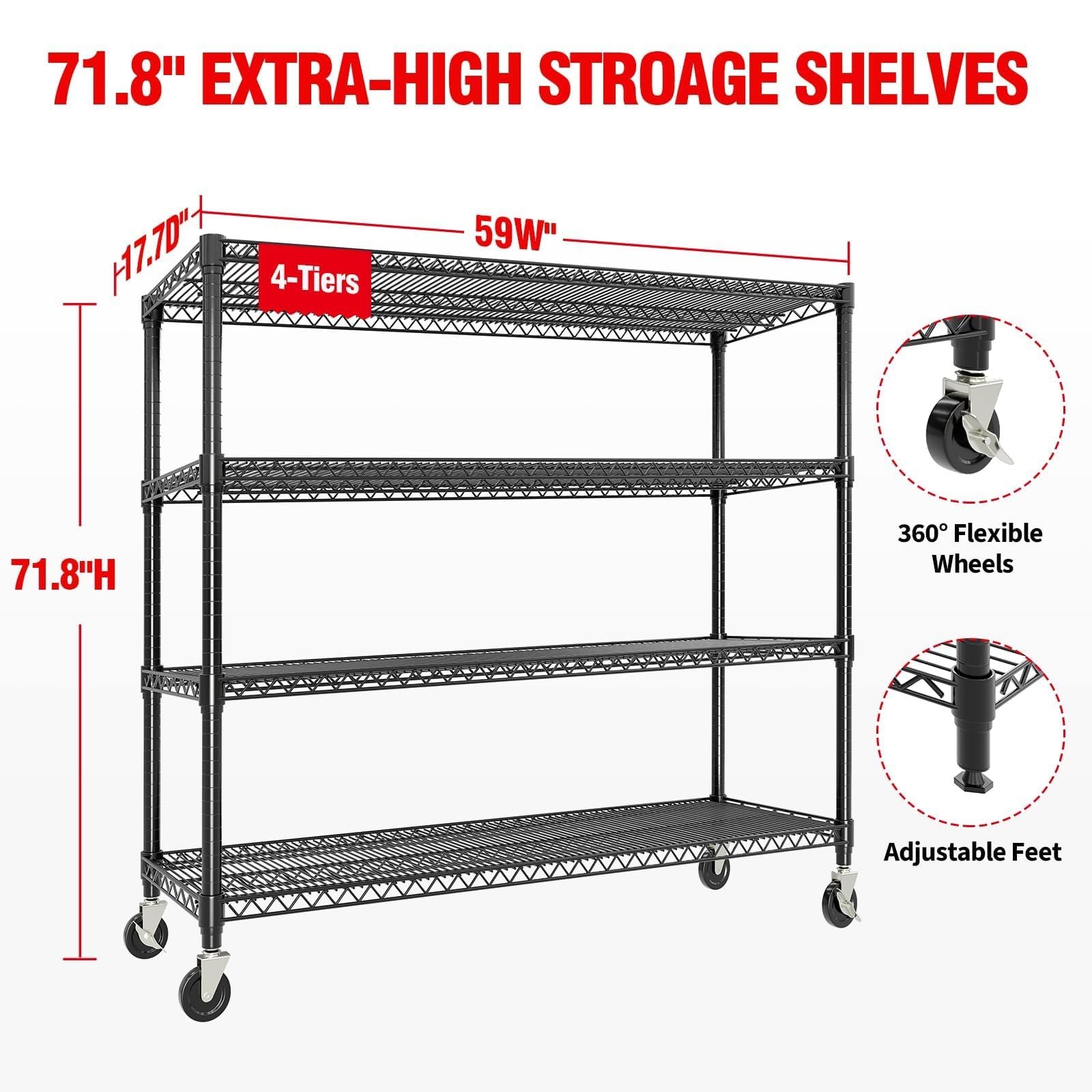 Heavy Duty 4-Tier Metal Shelves on Wheels, 2640LBS Storage Rack, 71.8"H x 59"W
