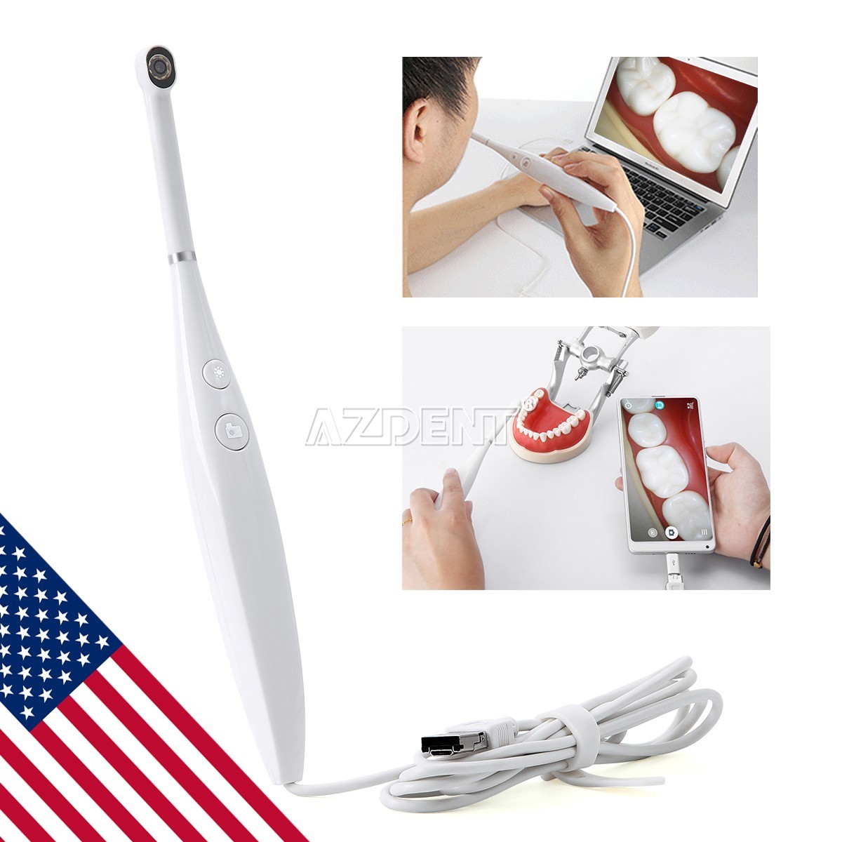 AZDENT Dental USB Intraoral Camera 8 LED Oral Endoscope 3-Speed Adjustment IPX5