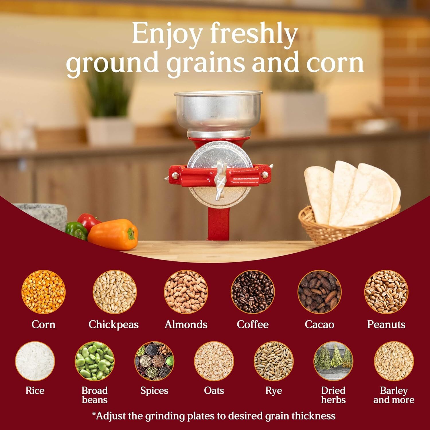 Red Cast Iron Manual Crank Corn Grain Grinder 14" Tall & 5" Hopper