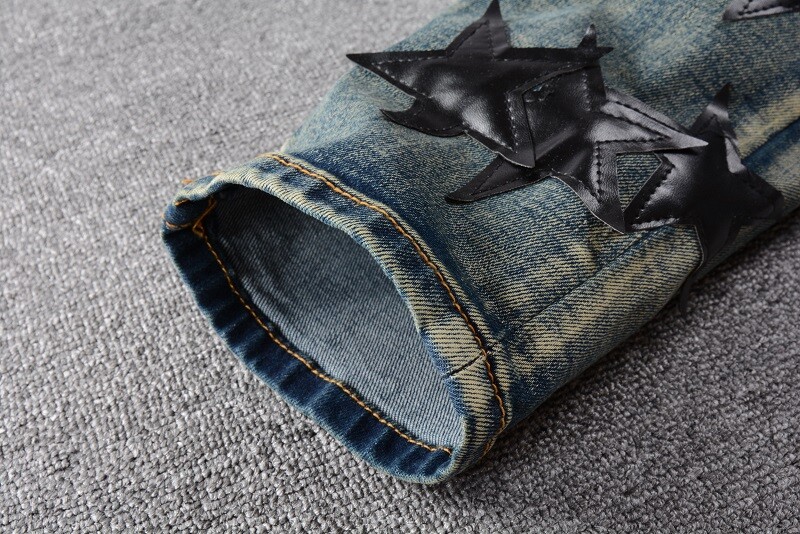 STAR PU Patchwork Men's Ripped Skinny Stretch Denim Jeans