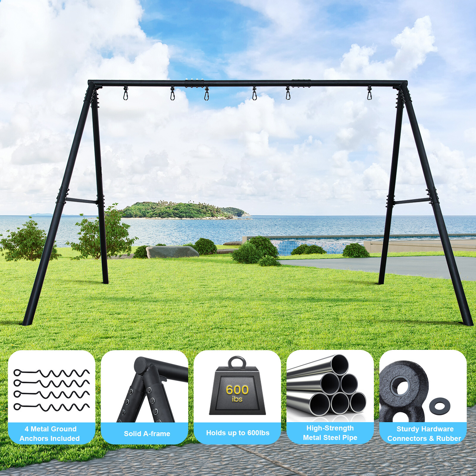 600lb Outdoor Swing Set for Backyard with 3 Swings Heavy Duty Metal Swing Stand