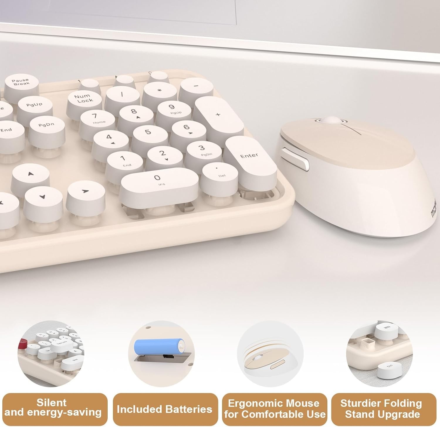 Wireless Keyboard and Mouse Combo Ergonomic White 104 Keys for PC/Laptop/Phone