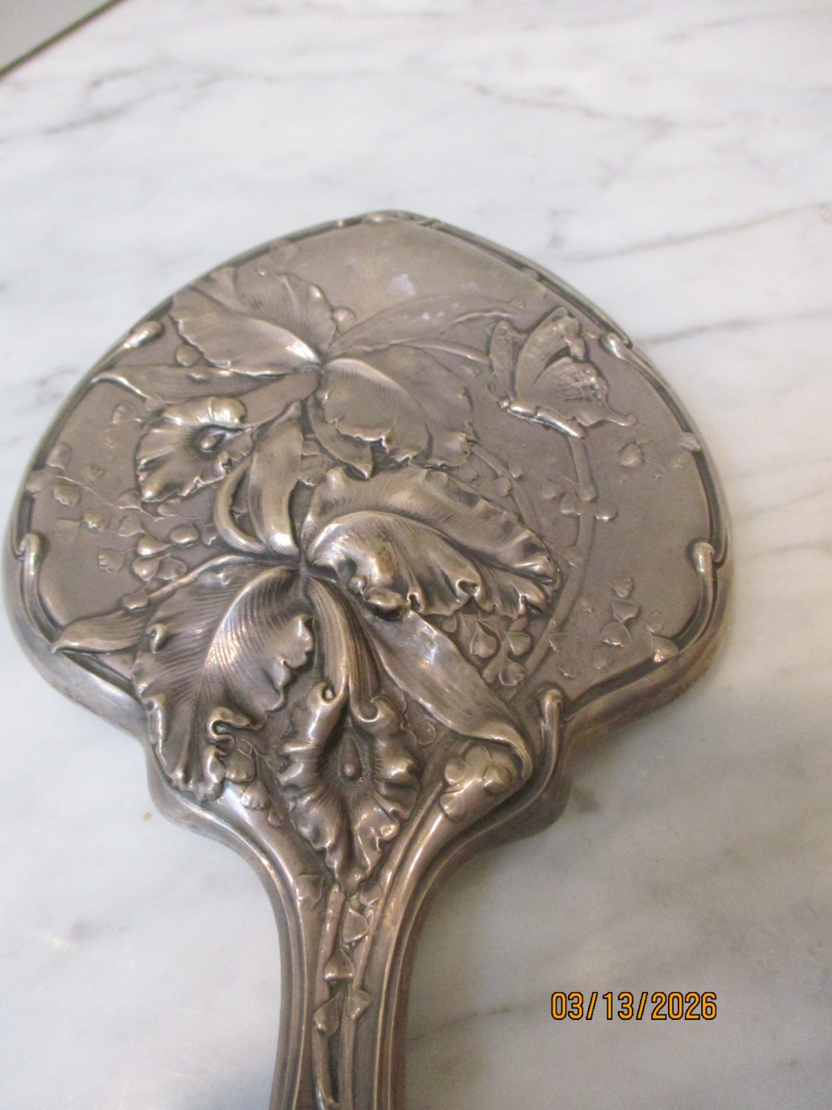 Antique Art Nouveau Sterling Silver Hand Mirror Embossed Flowers & Butterfly