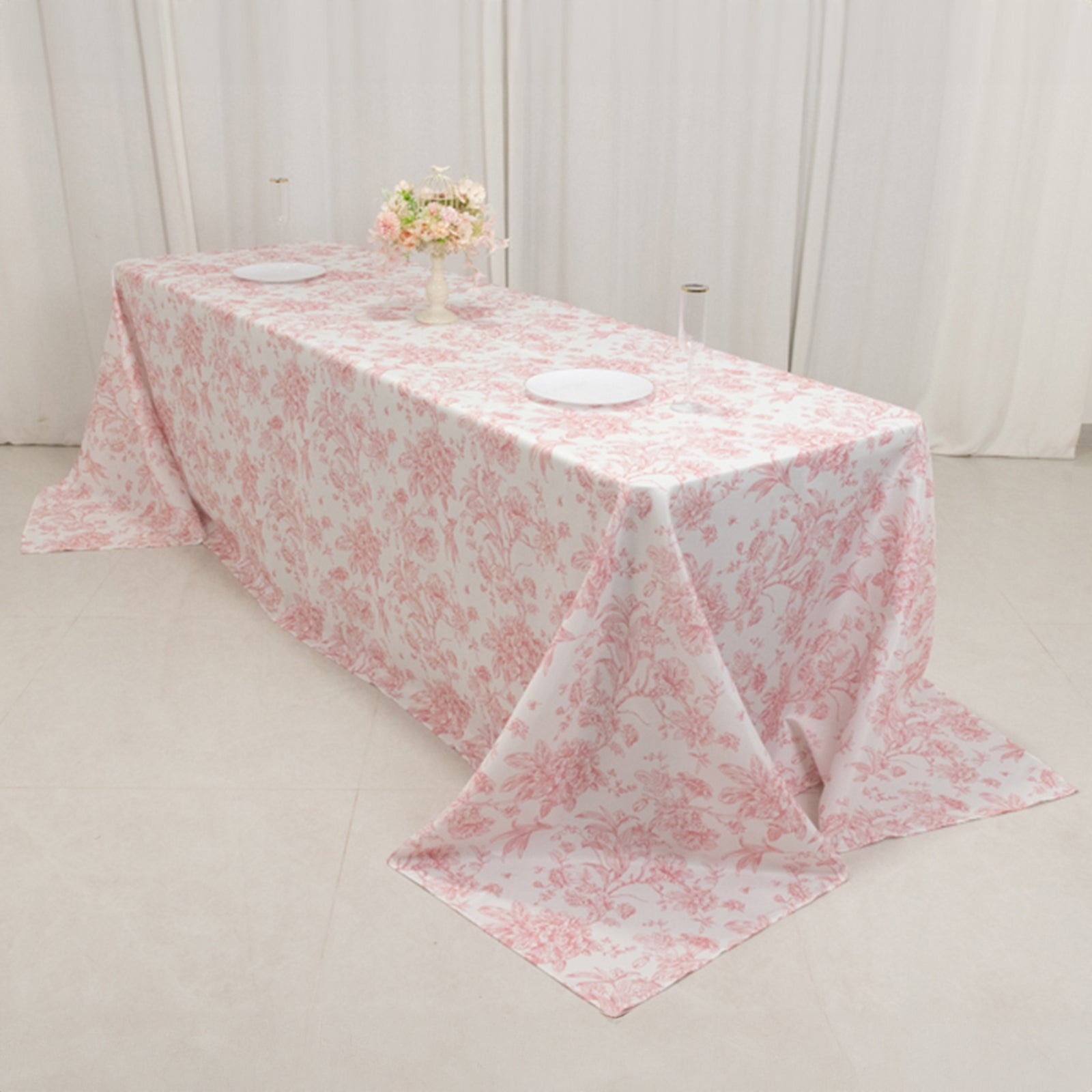 90" x 156" Pink French Toile Pattern Polyester Rectangular Tablecloth