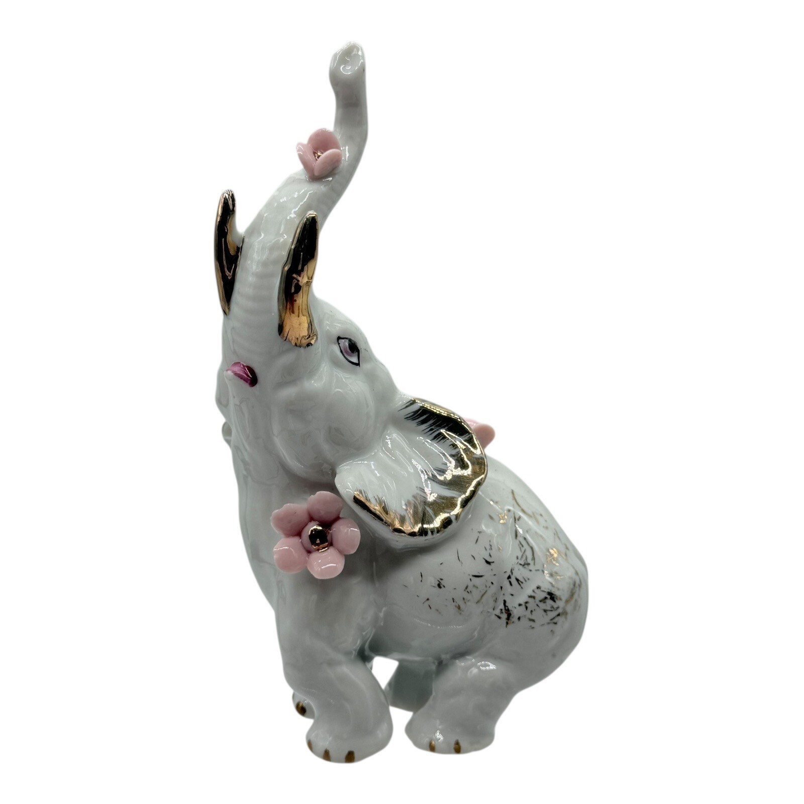 Elephant Figurine White Gold Accent Pink Flowers Trunk Up Good Luck Decor