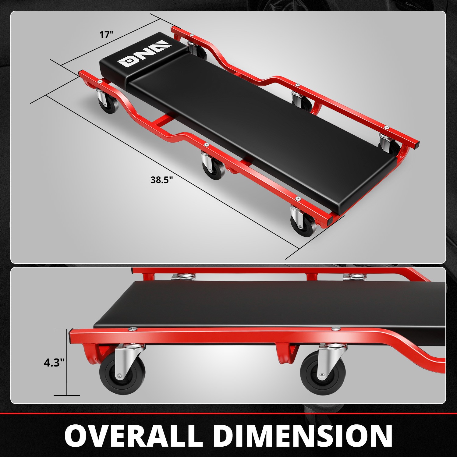 Low Profile 38.5x17 Rolling Workshop Creeper for Car Garage Mechanic Repair Red