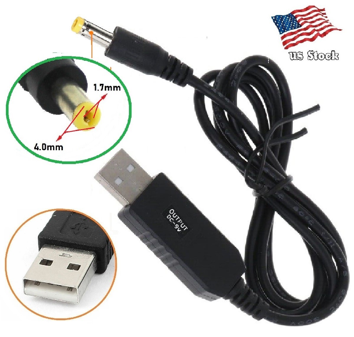 USB to DC Power 4.0x1.7mm Barrel 5-9V 3.3mm diameter Charging Cable Cord
