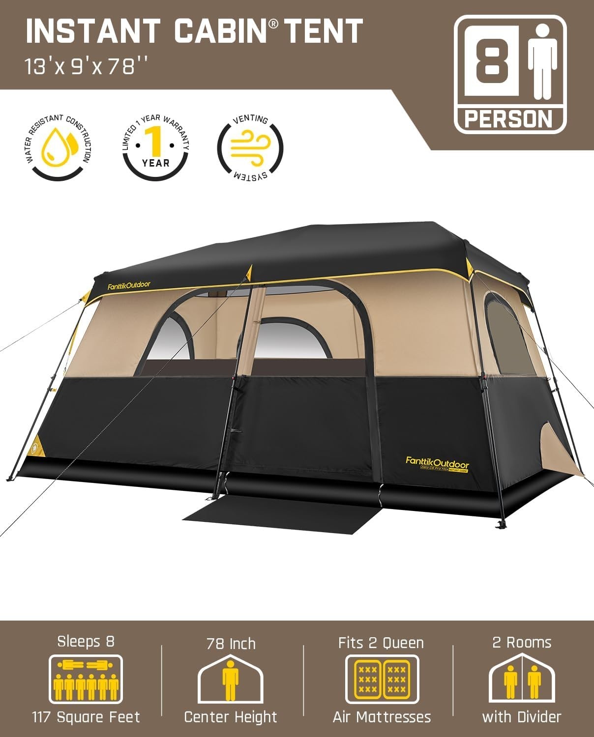 FanttikOutdoor Instant Cabin Tent 8 Person Camping Tent Setup in 60 Seconds with