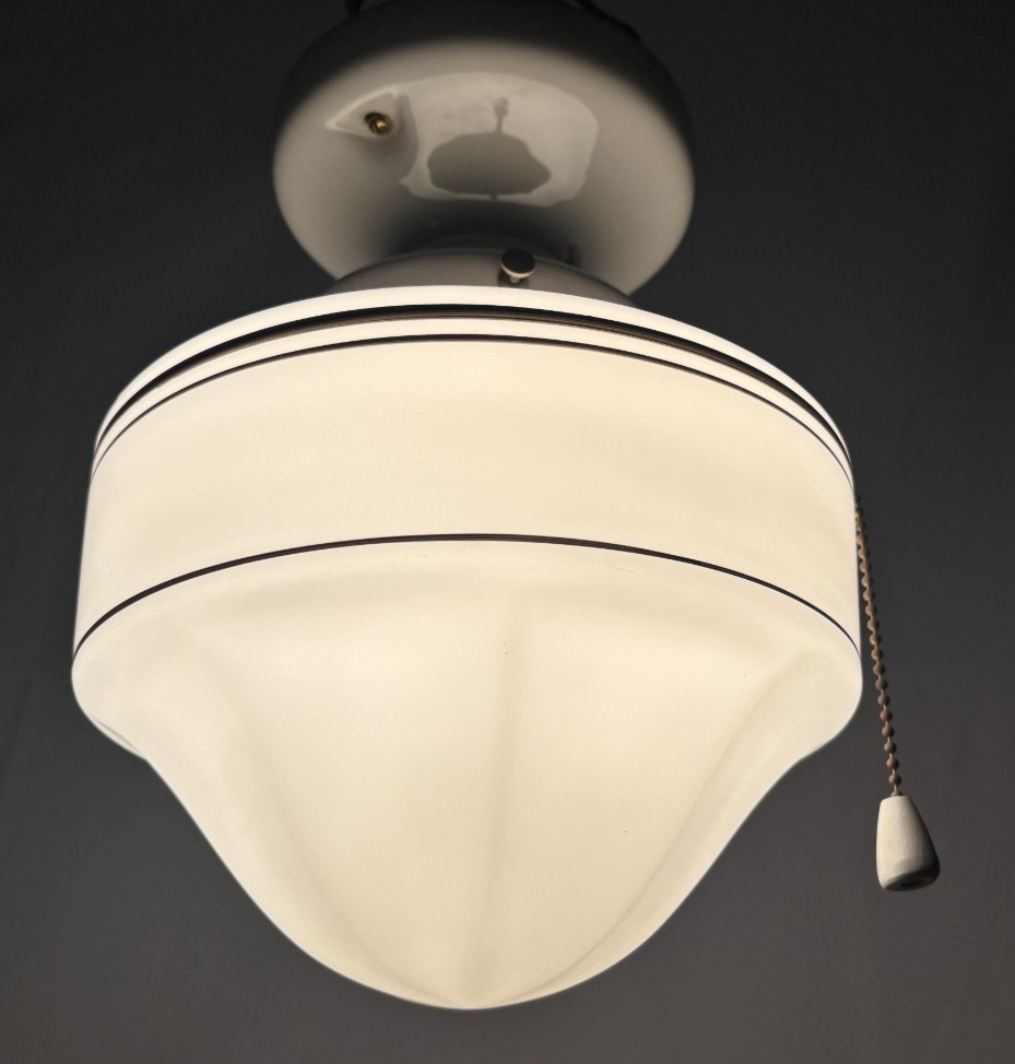 Vtg Porcelain Light Fixture Ceramic Ceiling Art Glass Shade Stripe USA #L99