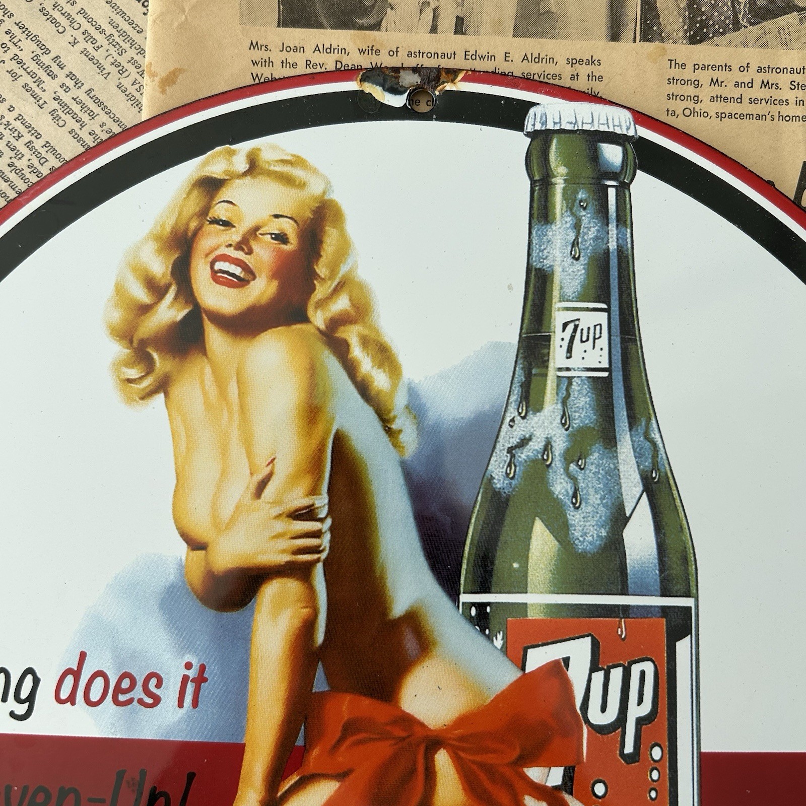 Vintage 7UP Soda Pin-Up Advertisement 12-Inch Porcelain Sign