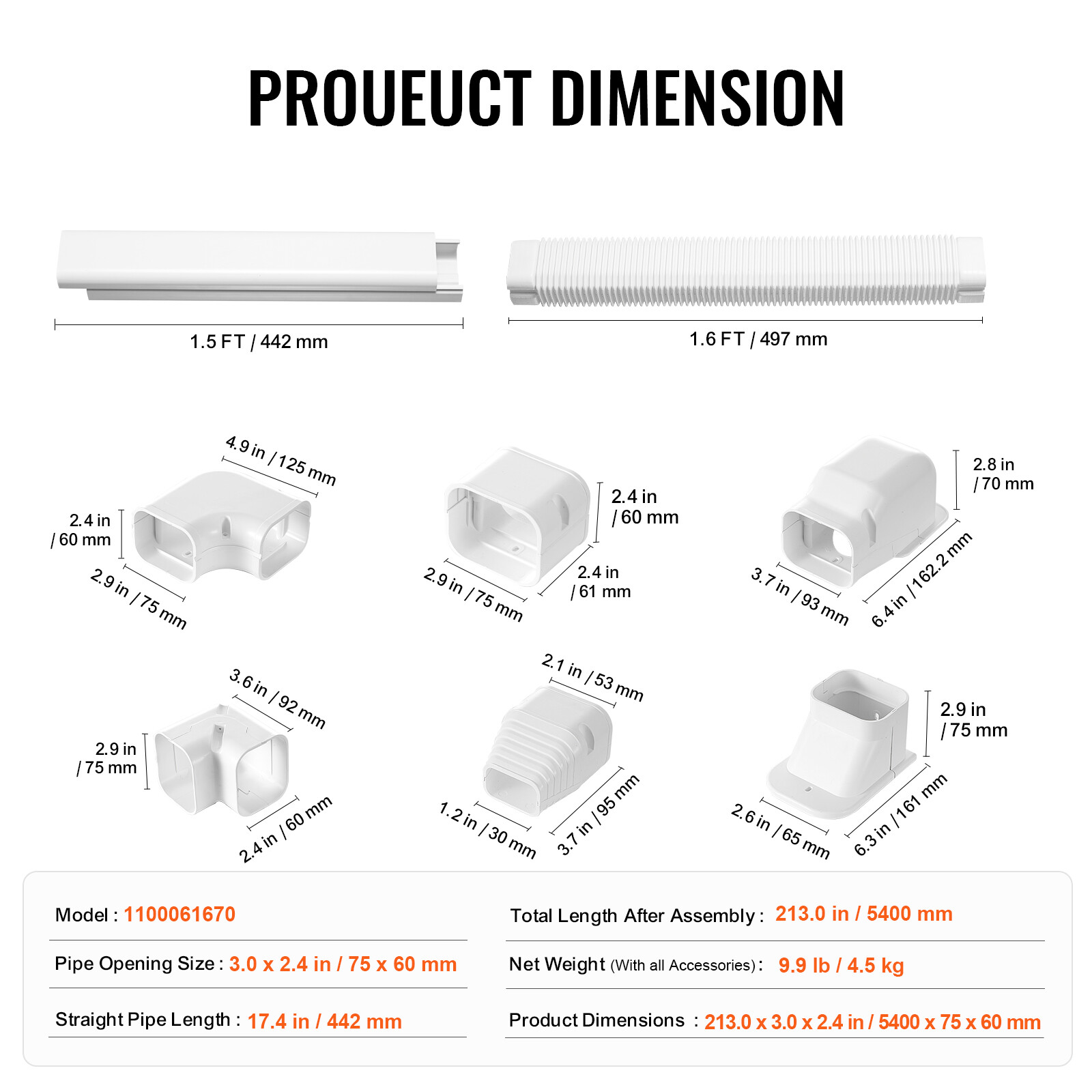 3" W 17.7ft Line Set Cover Kit for Mini Split Central Air Conditioner Decorative