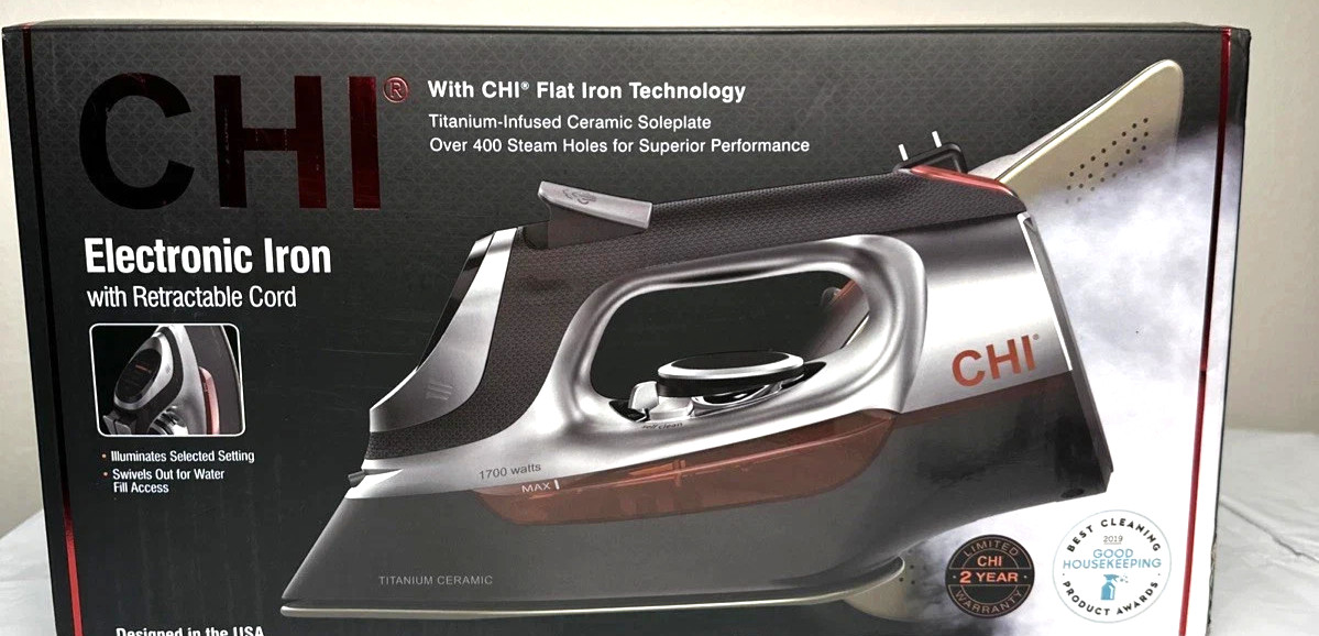 CHI Electronic Clothing Iron with Retractable Cord, 13102 NIB, 1700 Watts Black