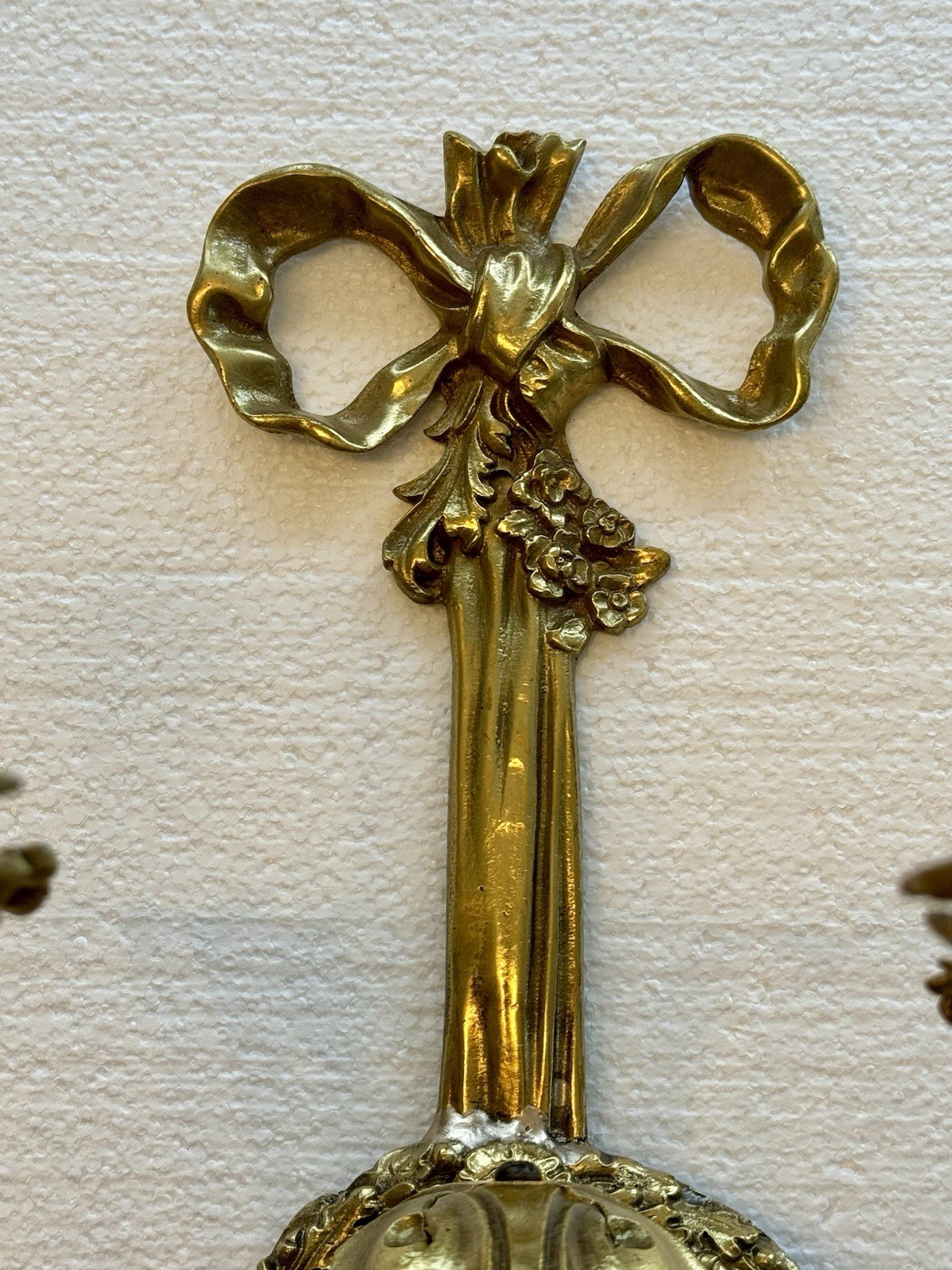 PAIR Antique French Gilt Brass Rope Bow Tassels Wall Sconce 2 Light Candelabras