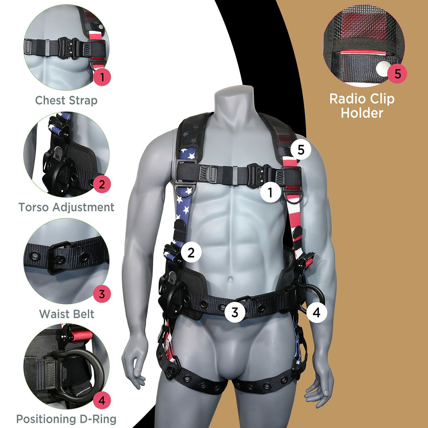 AFP Fall Protection Full-Body Safety Harness Premium American Flag Bad Boy New