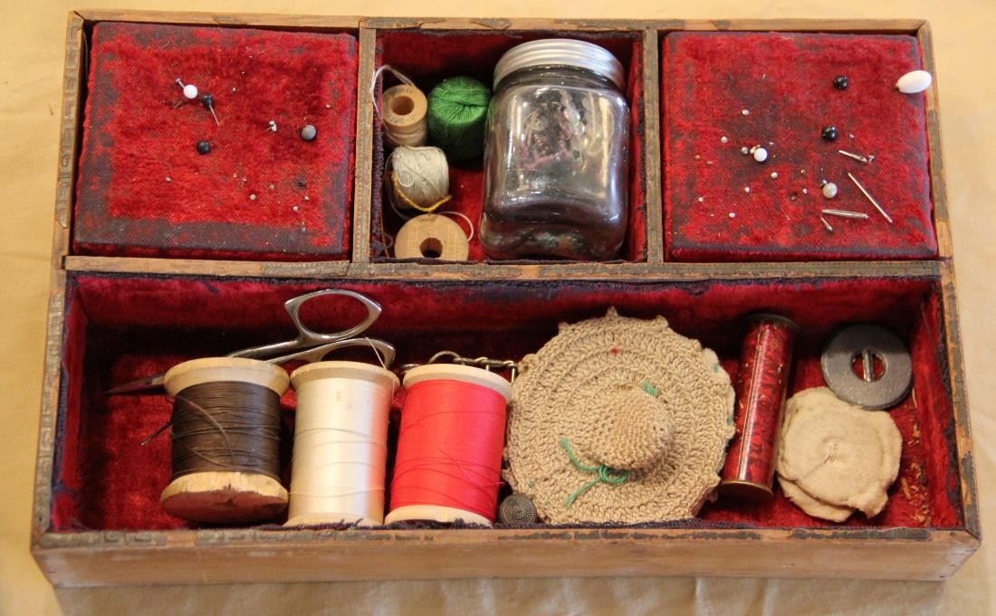 Antique Sewing Box Oak & Bird's Eye Maple w Contents - Anna Miles - Square Nails
