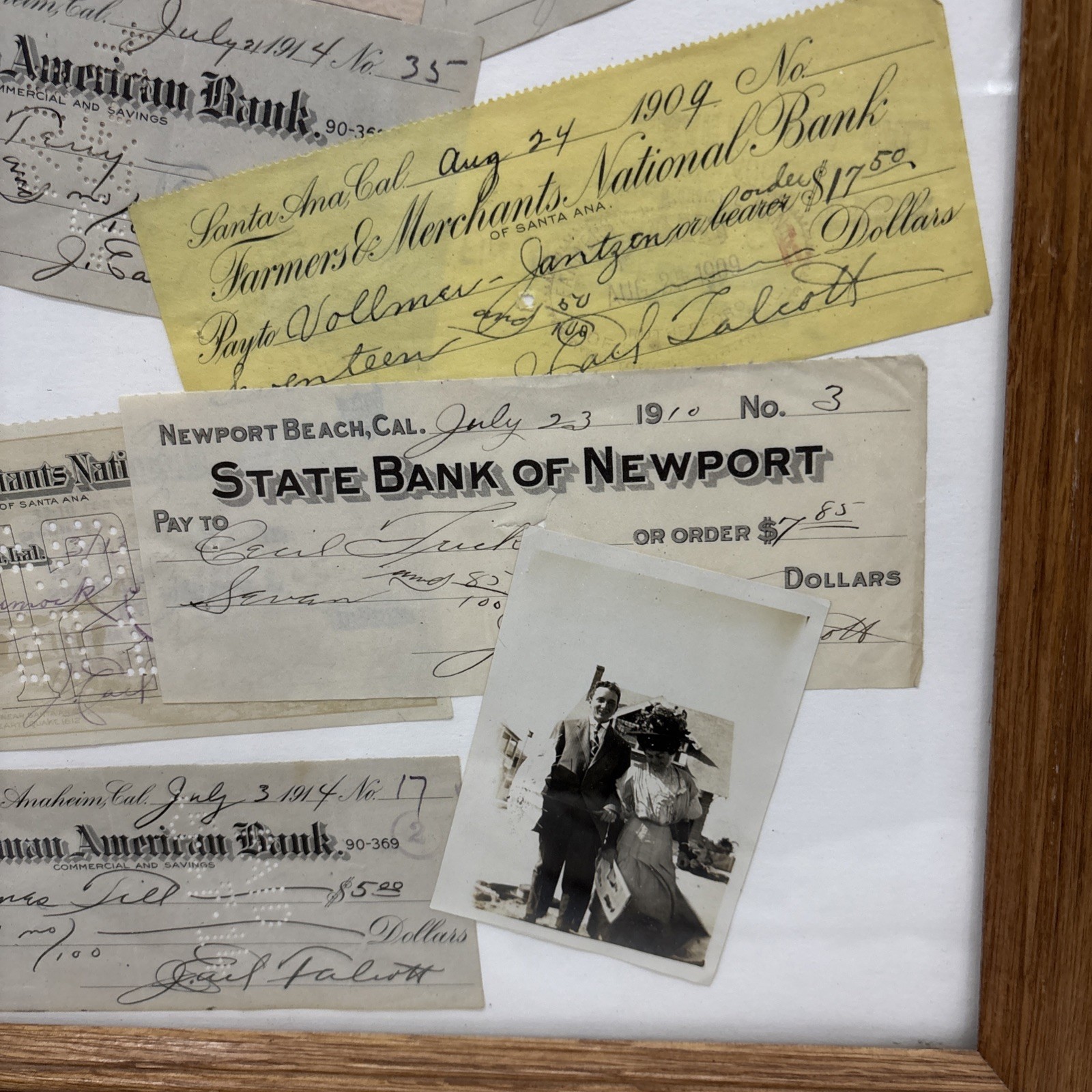 Original 1909-1929 J. Earl Talbots Signed Checks Framed with Photos Lot Of 8