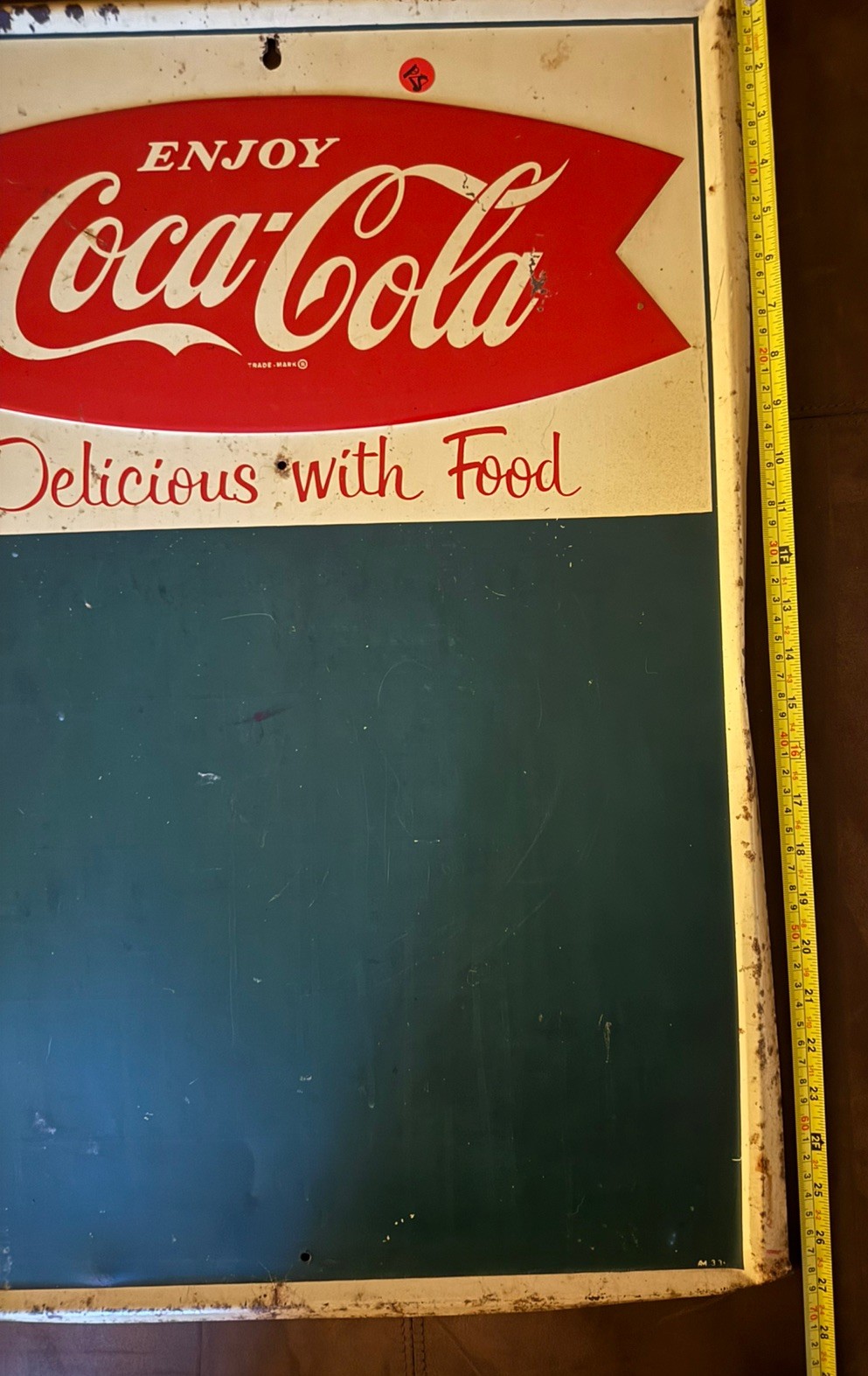 1950's Coca Cola Fishtail Delicious with Food Metal Menu Chalkboard Sign!
