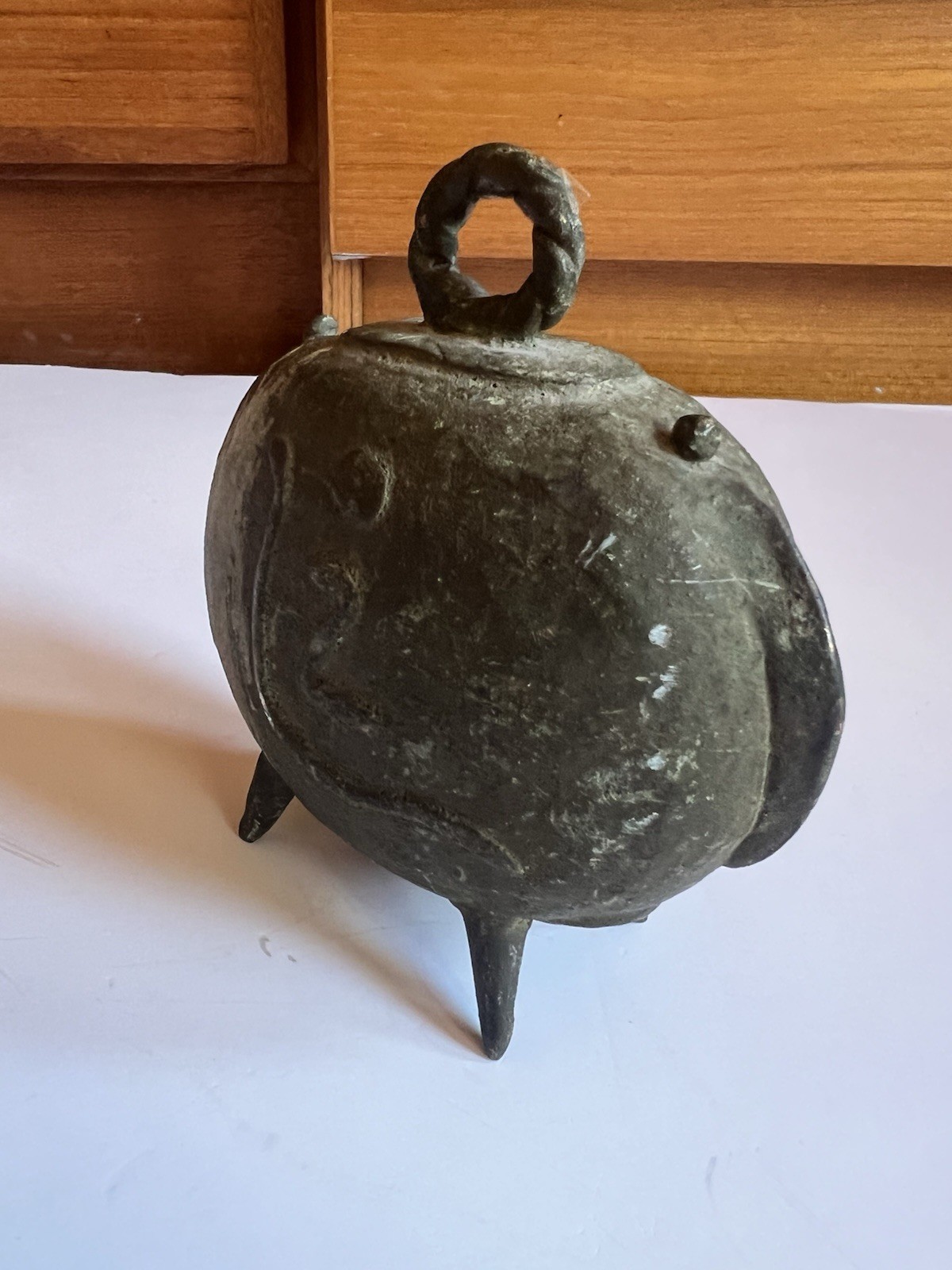 Vintage Oriental Brass Bell Cow Elephant Legs Inscribed