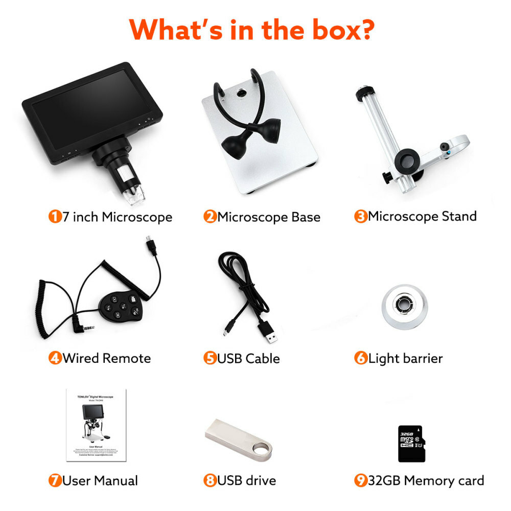 TOMLOV DM9 7" LCD Digital Coin Microscope 1200X 12MP Soldering Microscope Camera