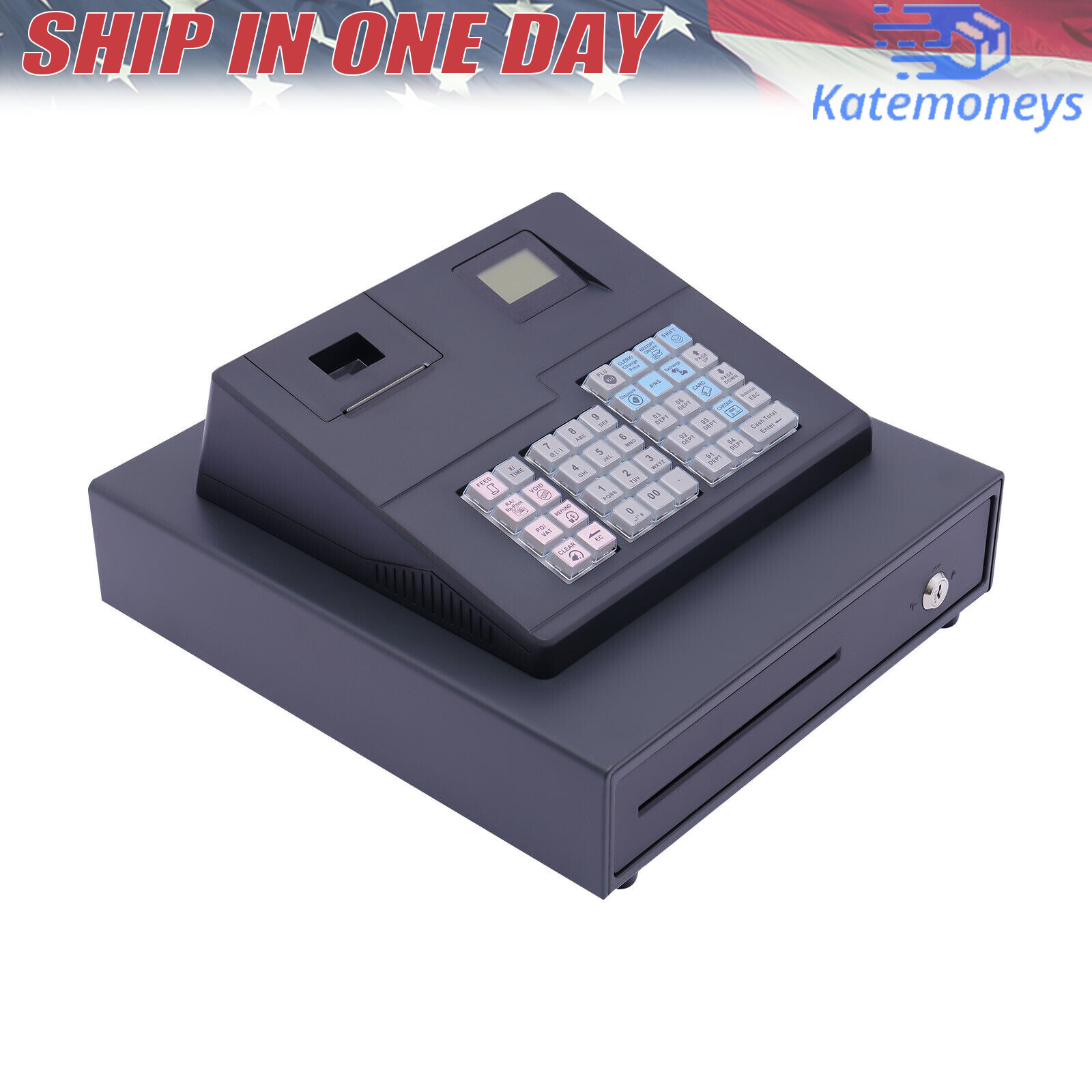 38 Keys Electronic Cash Register Black Thermal Cash Register with Cash Drawer