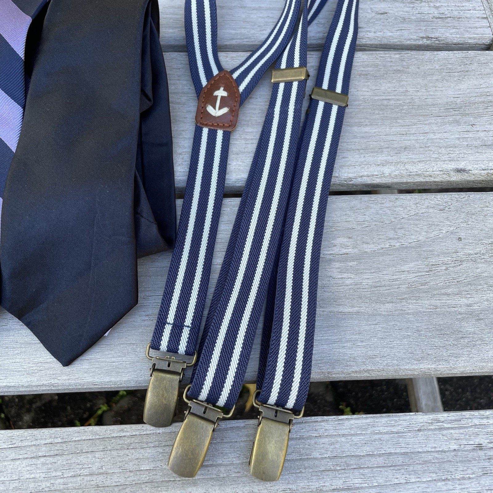 Boy's J CREW CREWCUTS Lot of 2 Neckties and Suspenders Navy Purple Stripe 2.5x52