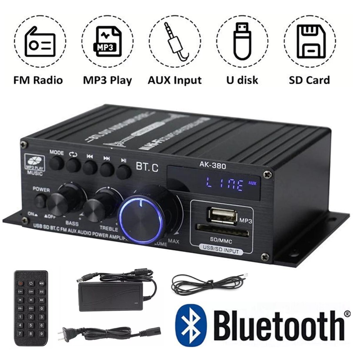 800W 2 Channel Bluetooth Mini HIFI Power Amplifier Audio Stereo Amp Home Car FM