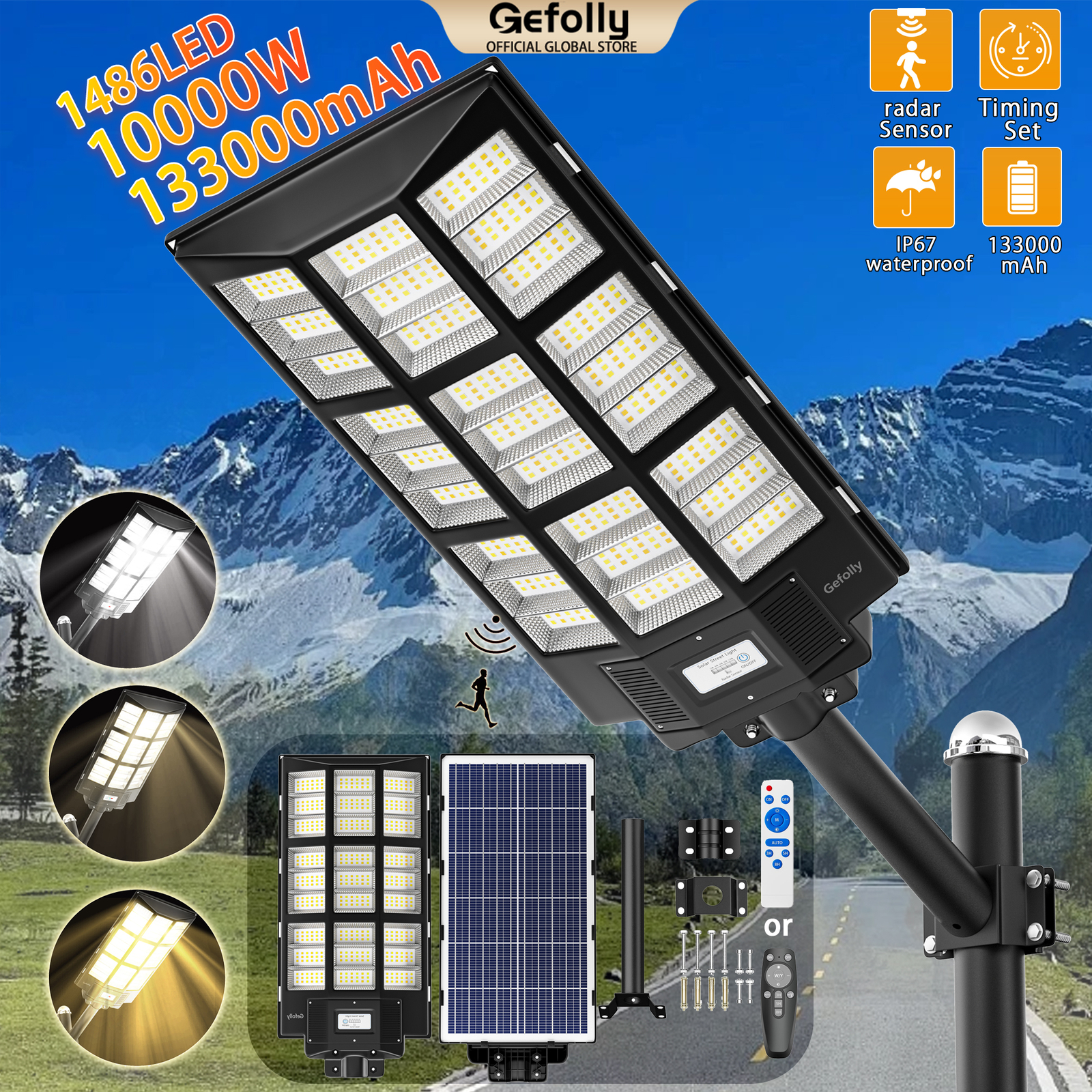 10000W Commercial Solar Street Light Dusk to Dawn Lamp For Parking Lot 3 Colors
