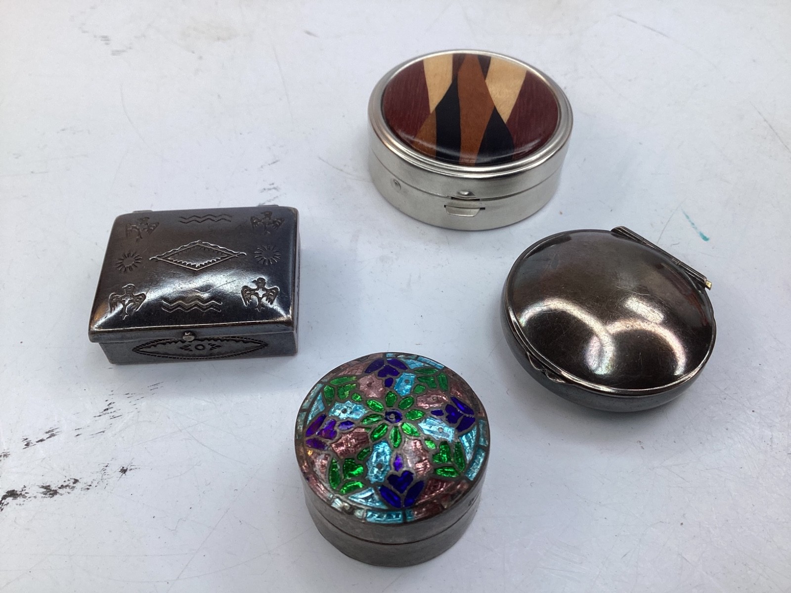 4 Vintage Engraved Sterling Silver Rectangle Pill Box,cloisonné, wood inlay+(B3)