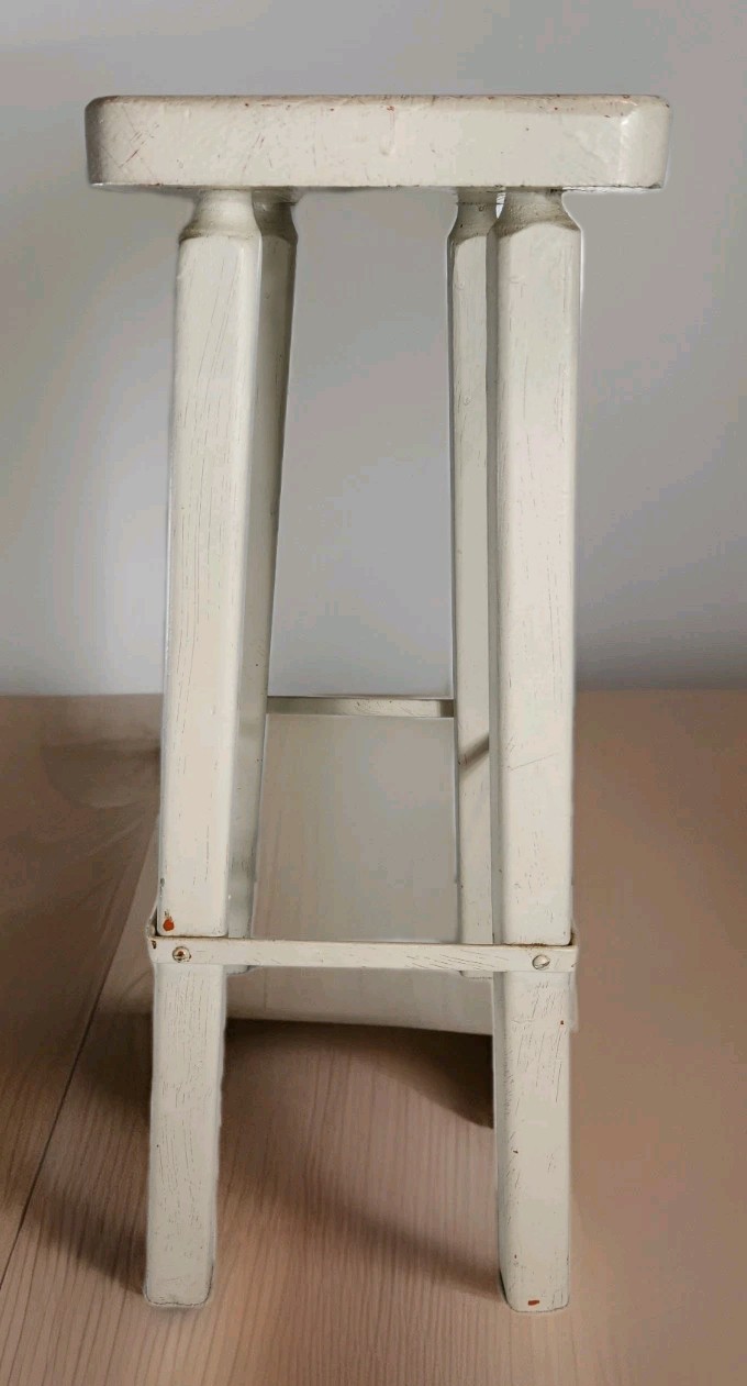 Rustic Chippy White Distressed Painted Wooden Tall Stool Seat Euro Farmhouse