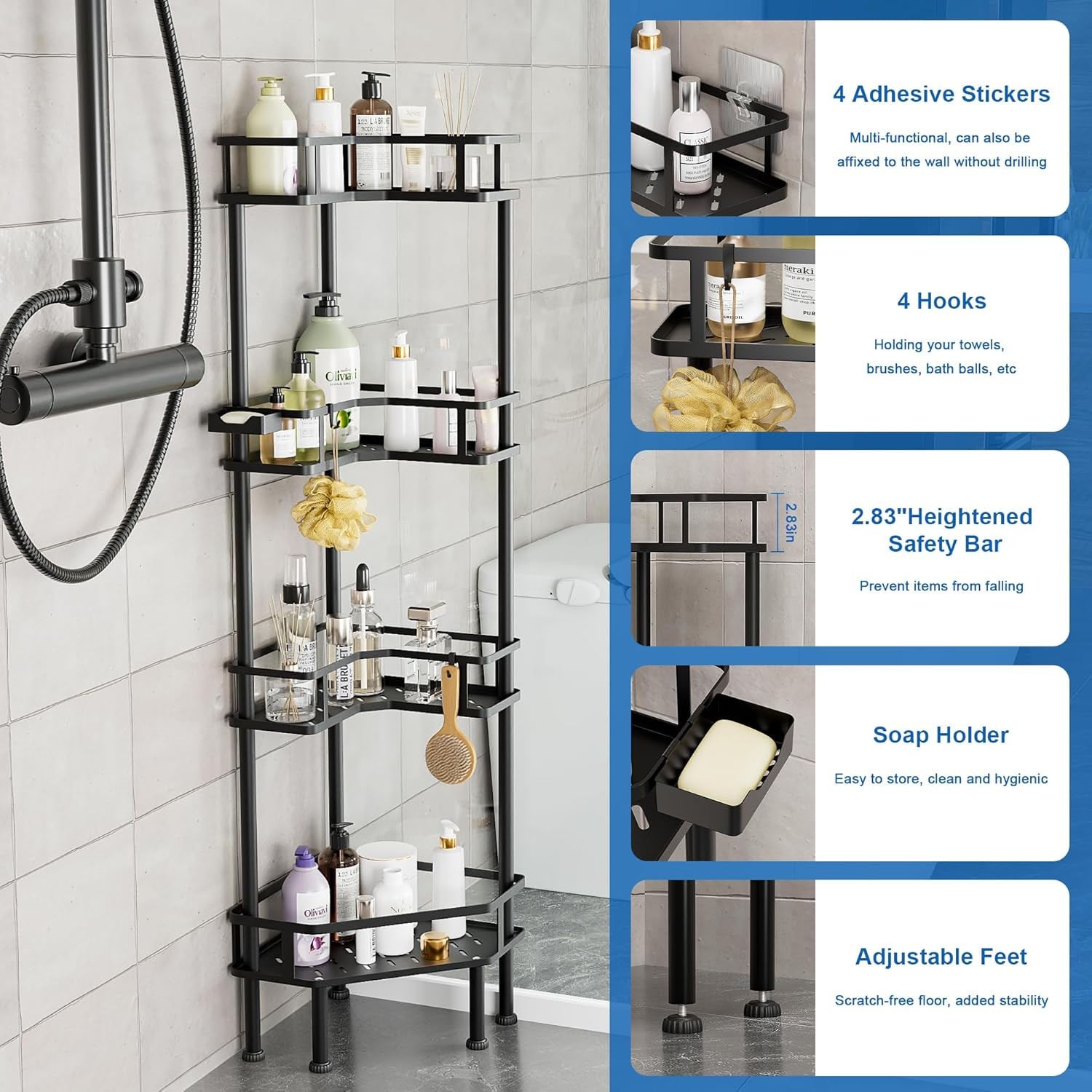 4 Tier Stainless Steel Tall Corner Shower Organizer, No Drilling Shelves