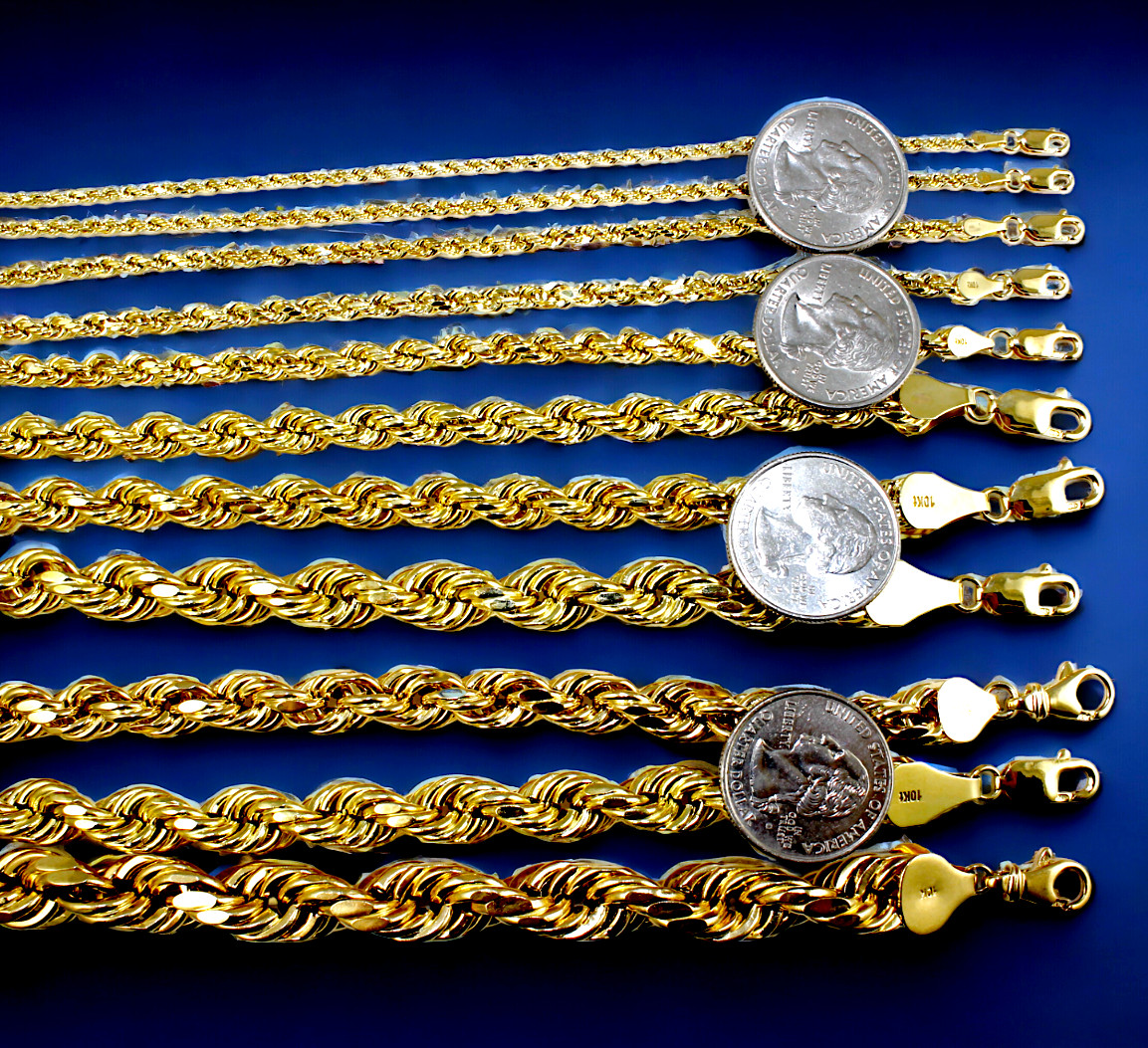 10K Yellow Gold Rope Necklace Bracelet Chain Diamond Cut 2mm-10mm 7"-30"