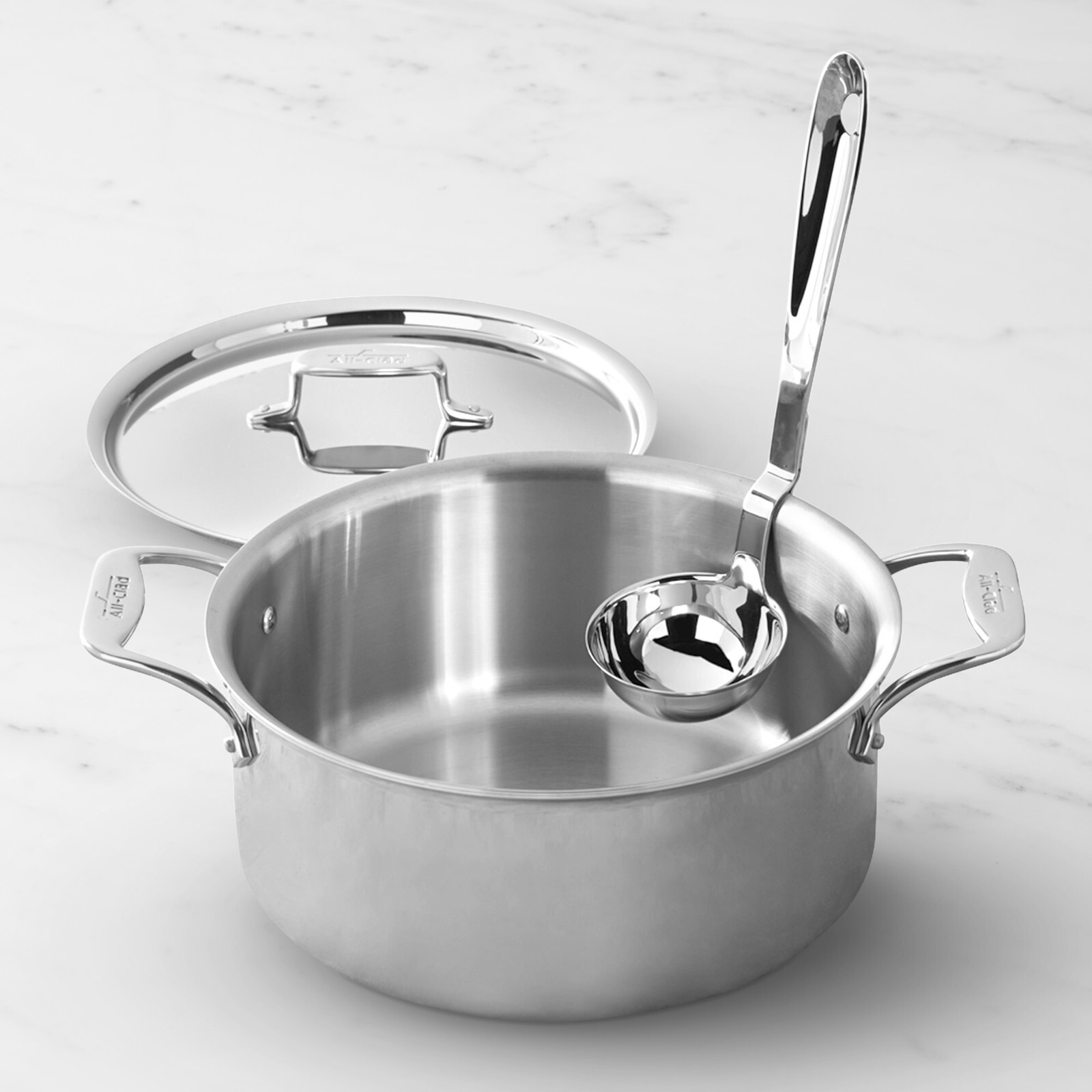 All-clad D5 Stainless Polished 6 qt Ultimate Soup Pot with hanging ladle