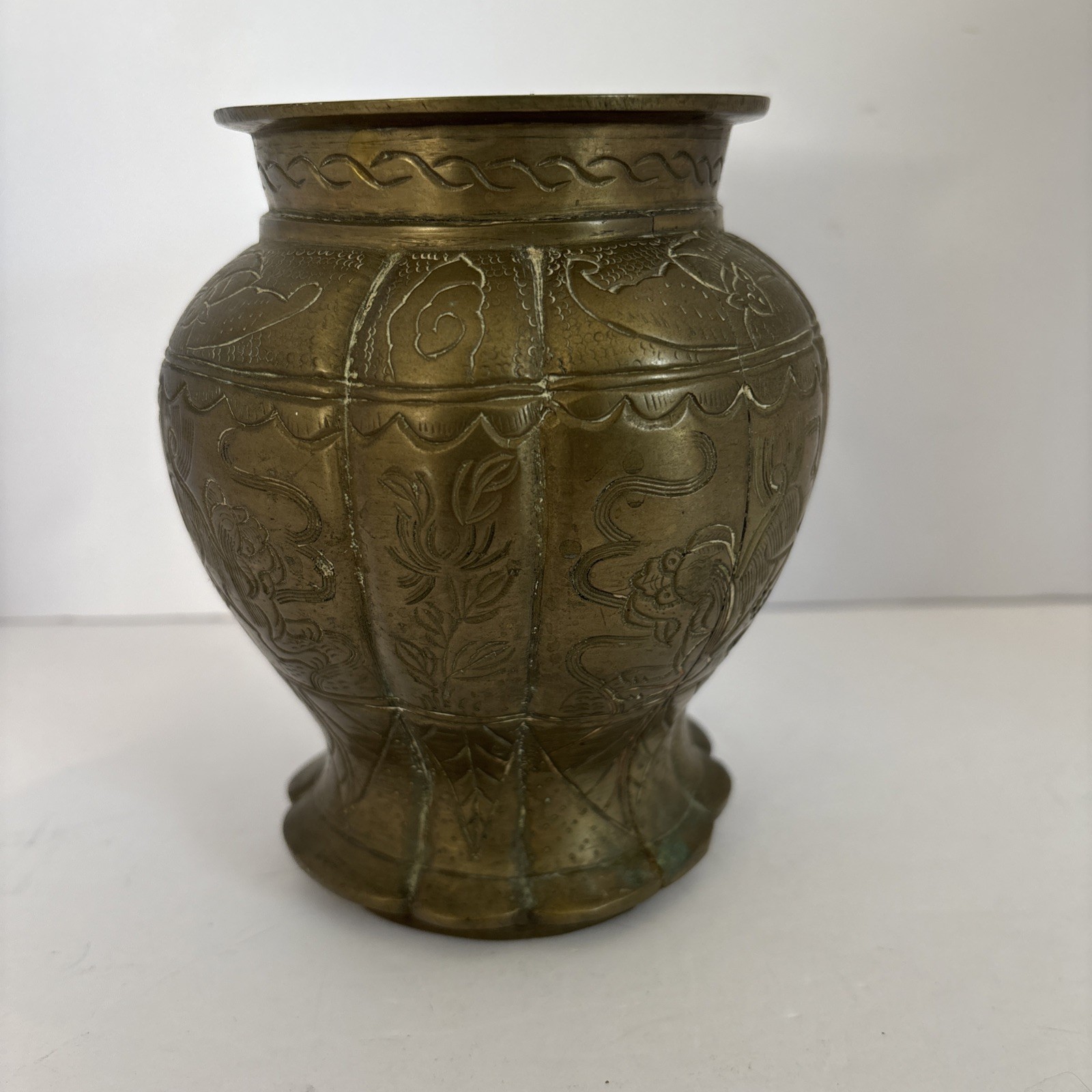 Vintage Heavy Chinese Etched Brass Vase 5.5” Tall Dragon or Lion