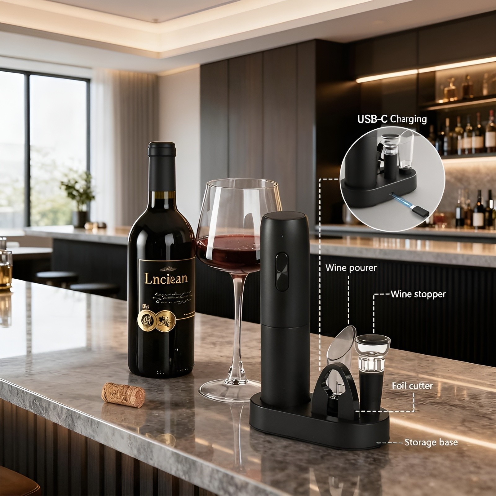 Electric Wine Bottle Opener Set Rechargeable Automatic w/ Charging Base Gift