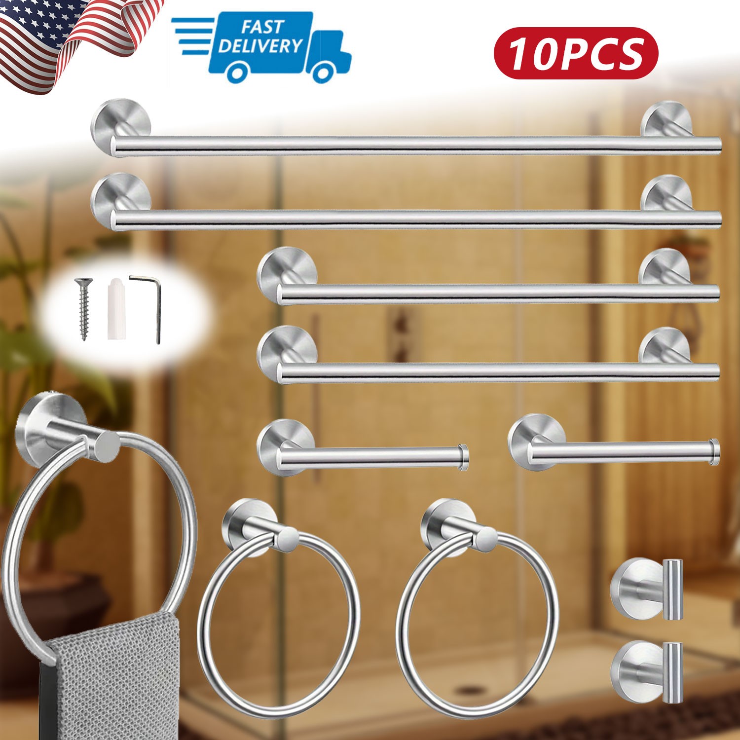 10 Piece Bathroom Hardware Accessories Set with 23.6" Towel Bar - Brushed Nickel