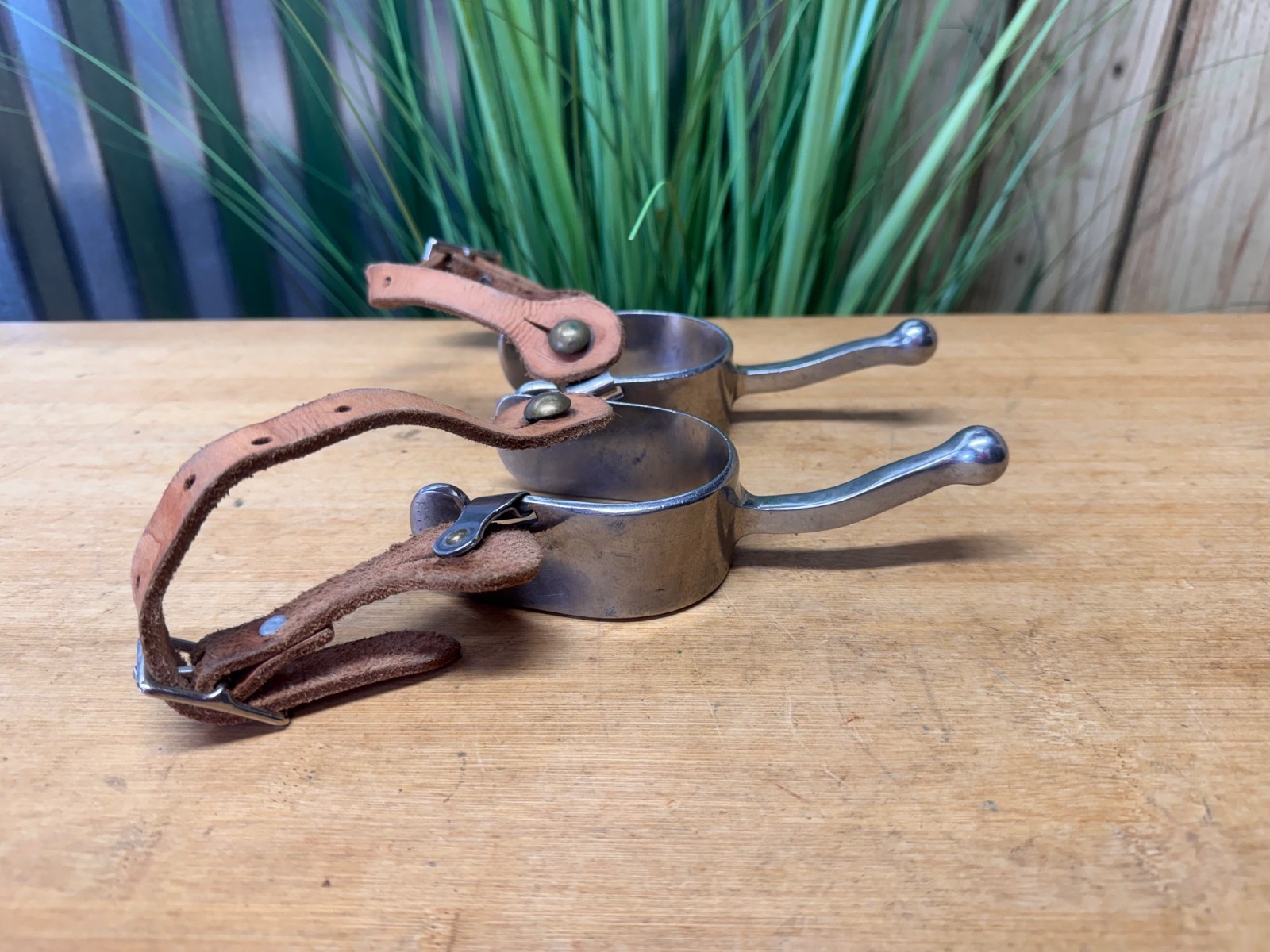 Ladies Long Shank Stainless Steel BALL END Western Spurs w Leather Straps