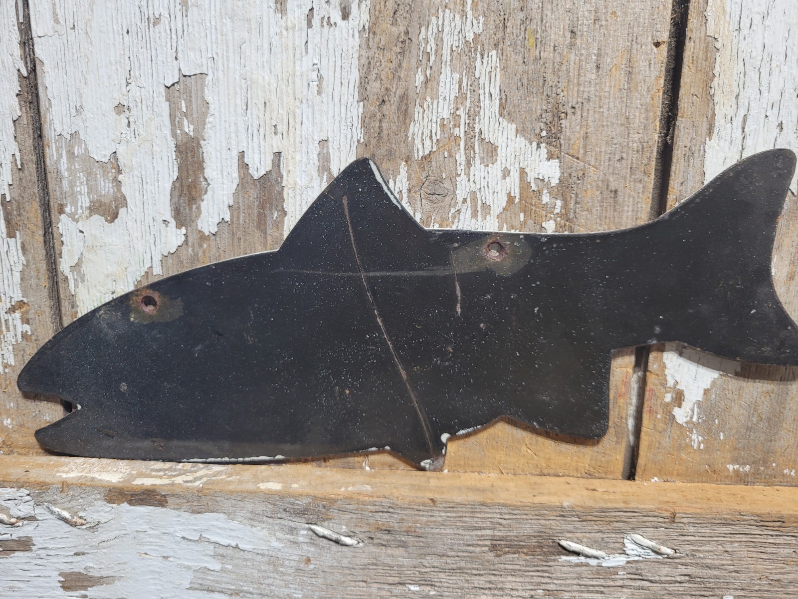 VINTAGE FISH PORCELAIN SIGN OLD FLY SHOP FARLOWS TACKLE KETCHIKAN ALASKA SALMON