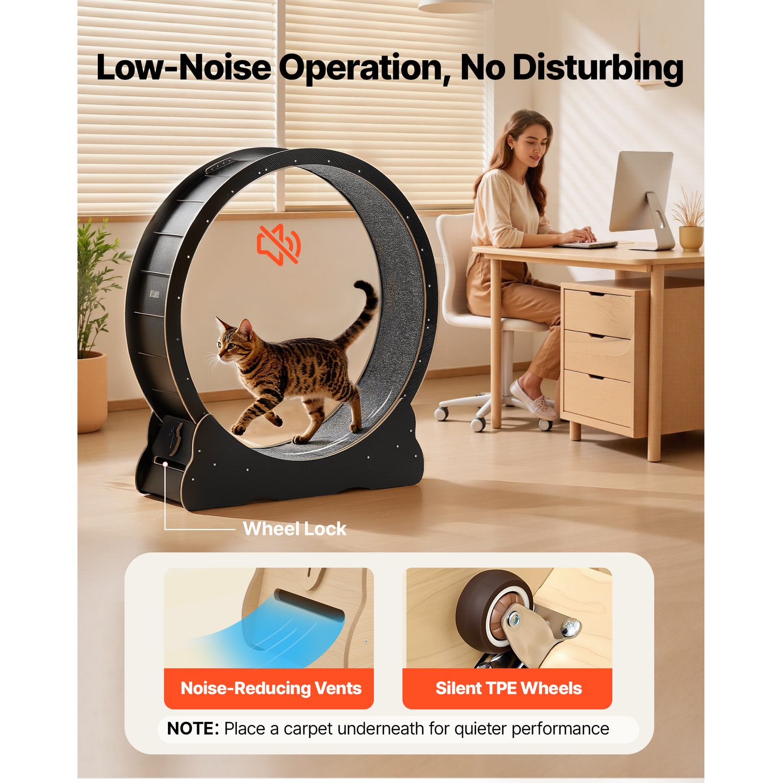 Uimoso 48in Wooden Cat Exercise Wheel with Carpeted Runway for Indoor Use