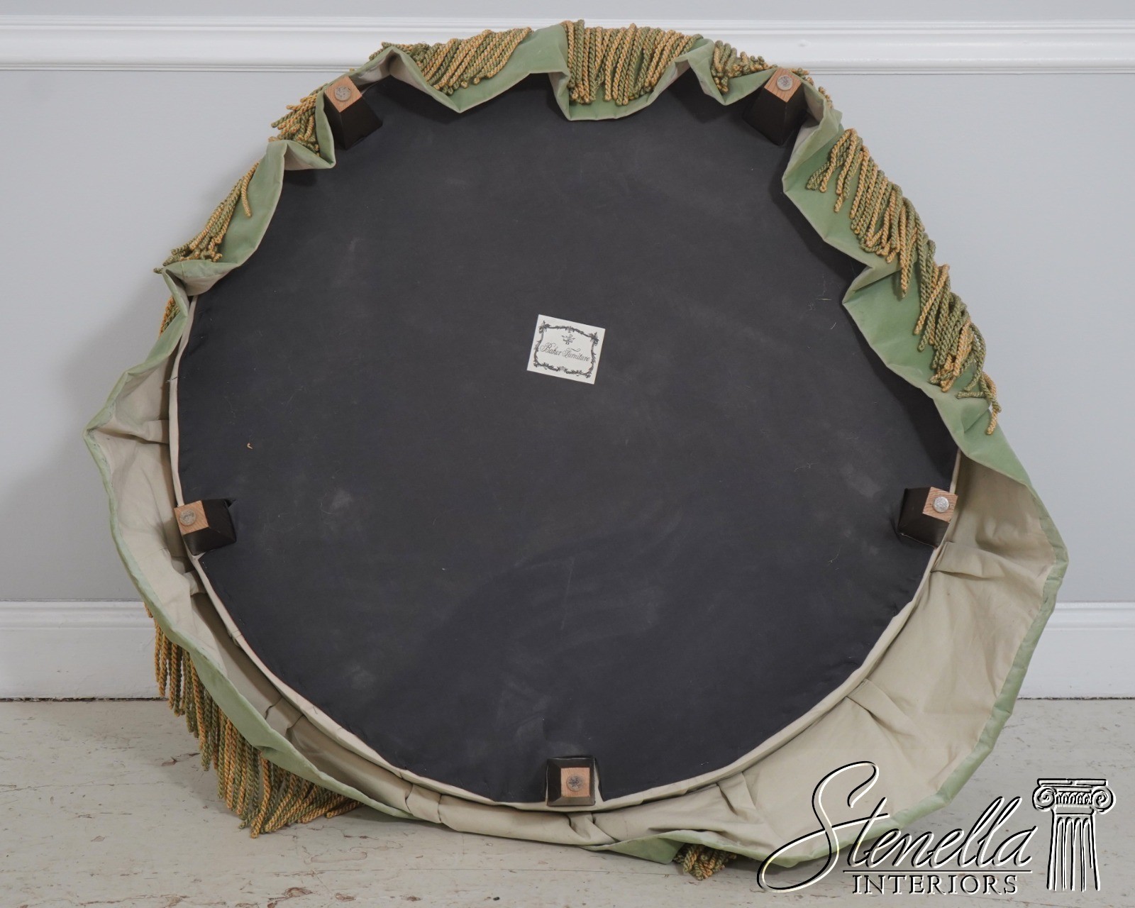 71656: BAKER Round Green Velvet Style Upholstered Ottoman