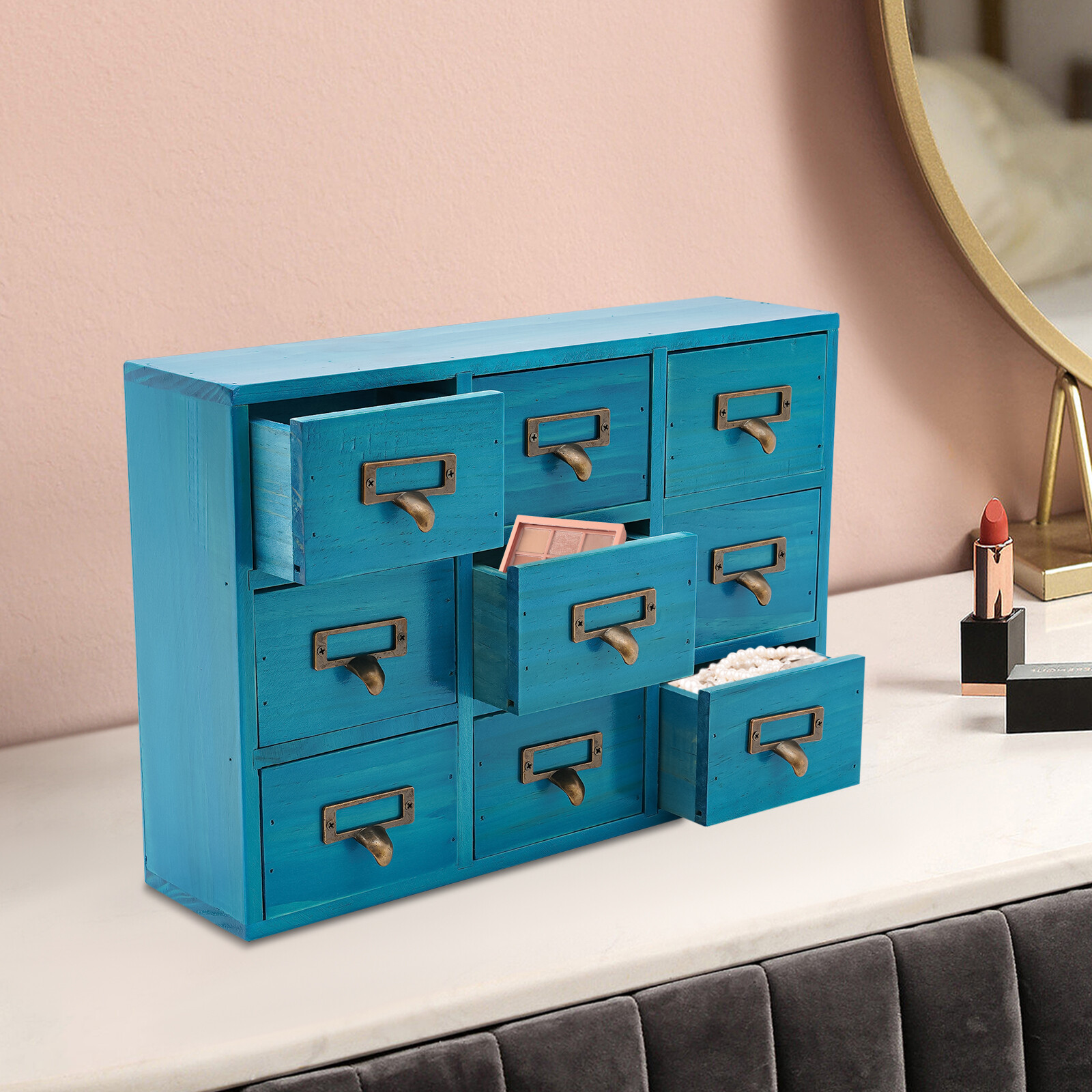 9 Drawers Apothecary Cabinet Case Wooden Desk Drawer Organizer Herb Storage Box