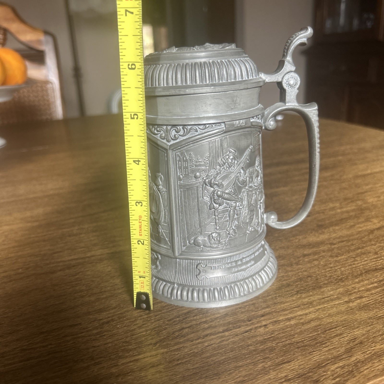 Vintage ceramic German stoneware beer mug with tin cap