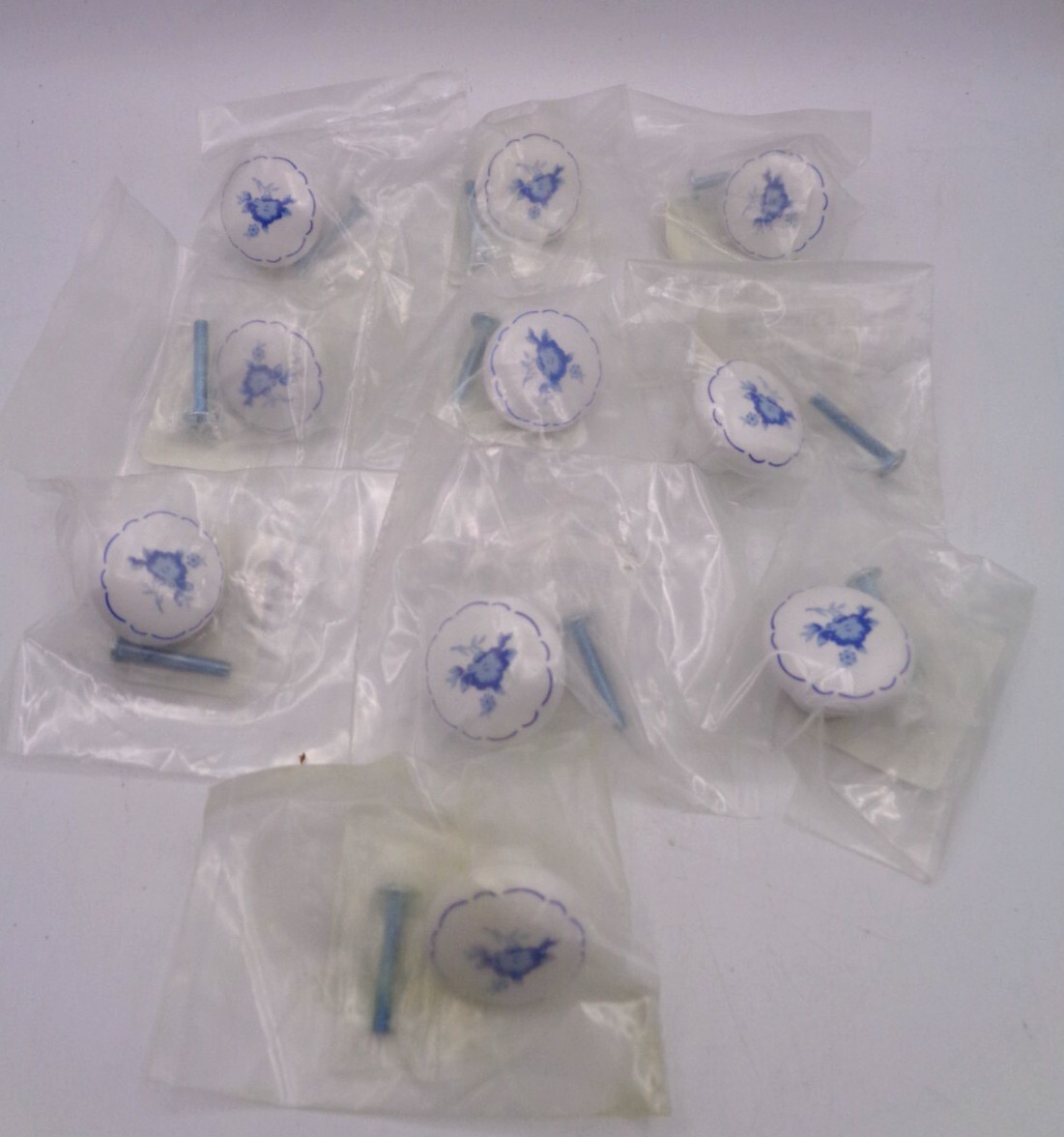 Lot of 10 Vintage NOS Ceramic Cabinet or Drawer Pull Knobs Blue Floral Design