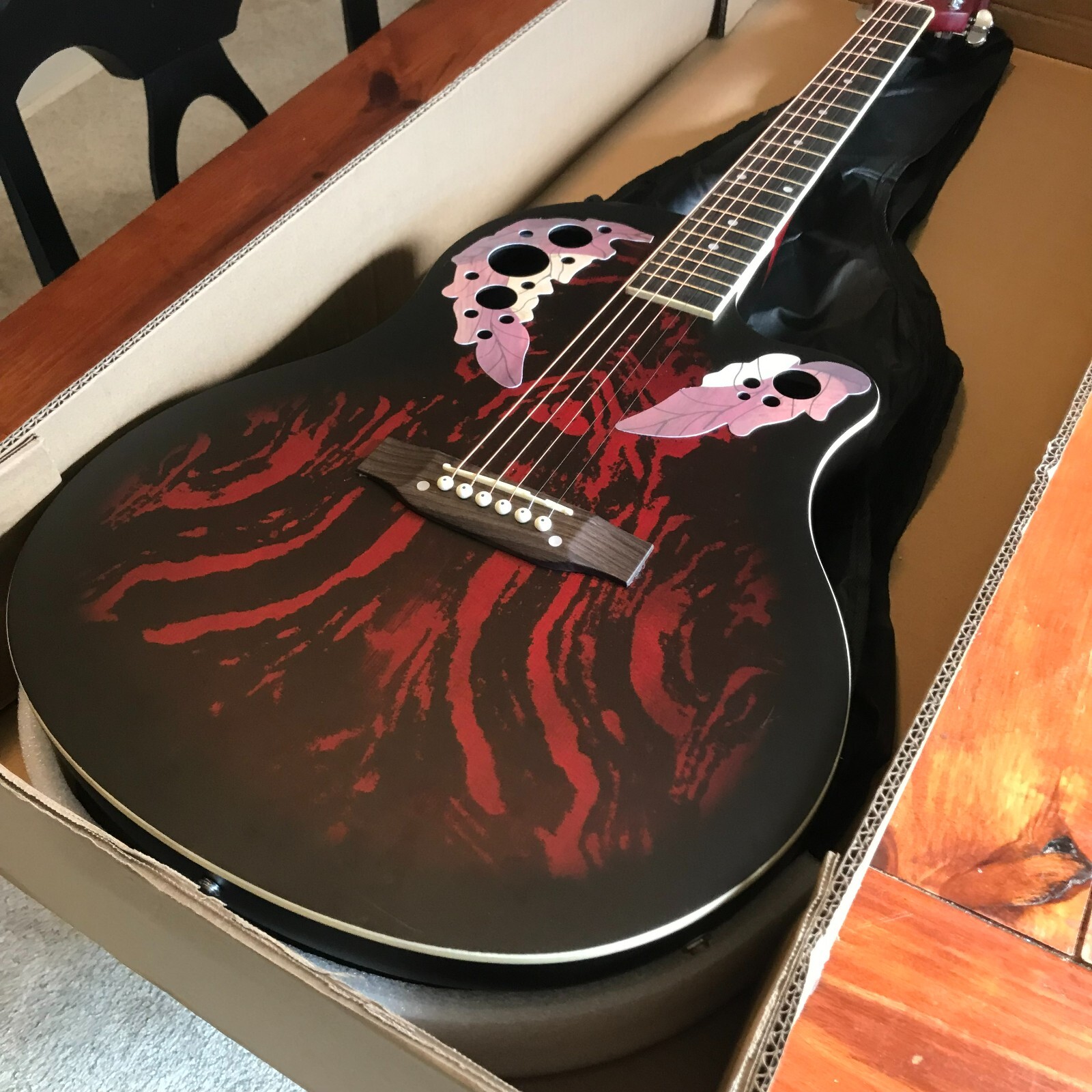 Red Acoustic Electric Guitar, Full Size with Cutaway, Round ABS Back, Gig Bag