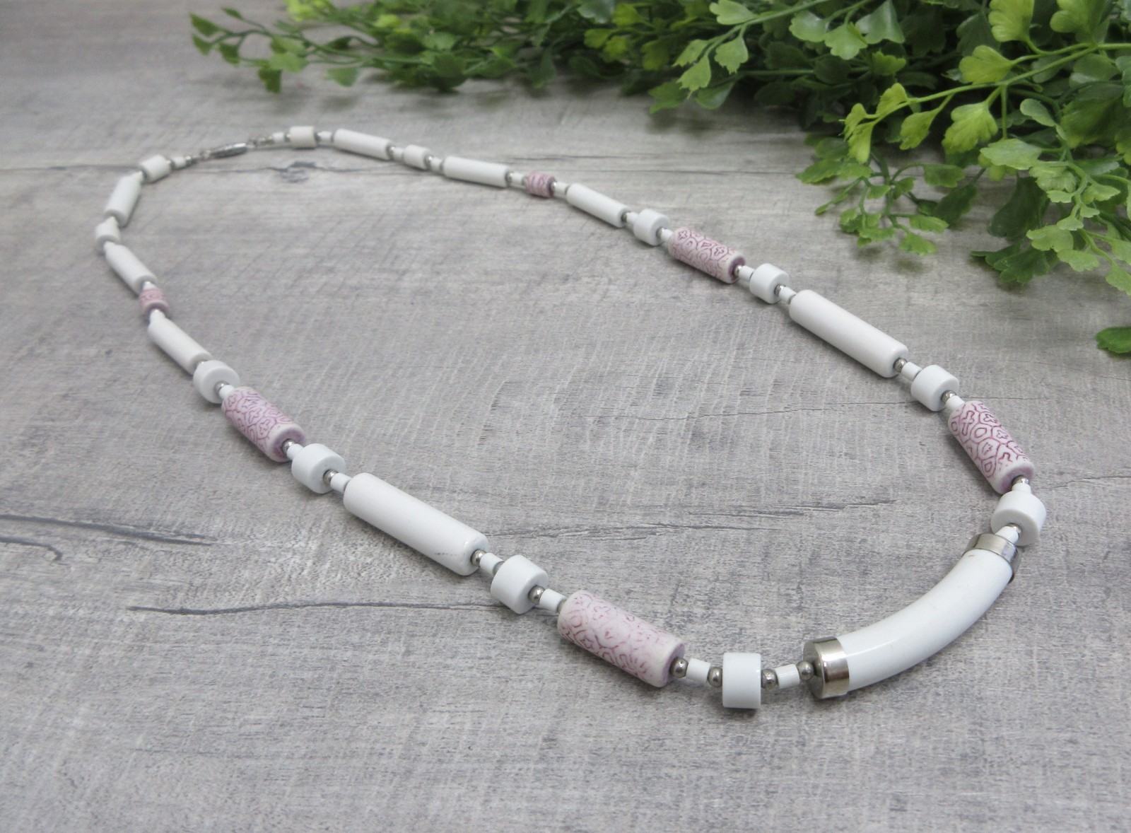 Ceramic Beads Necklace White Pink 24 Inches Native American Inspired Design