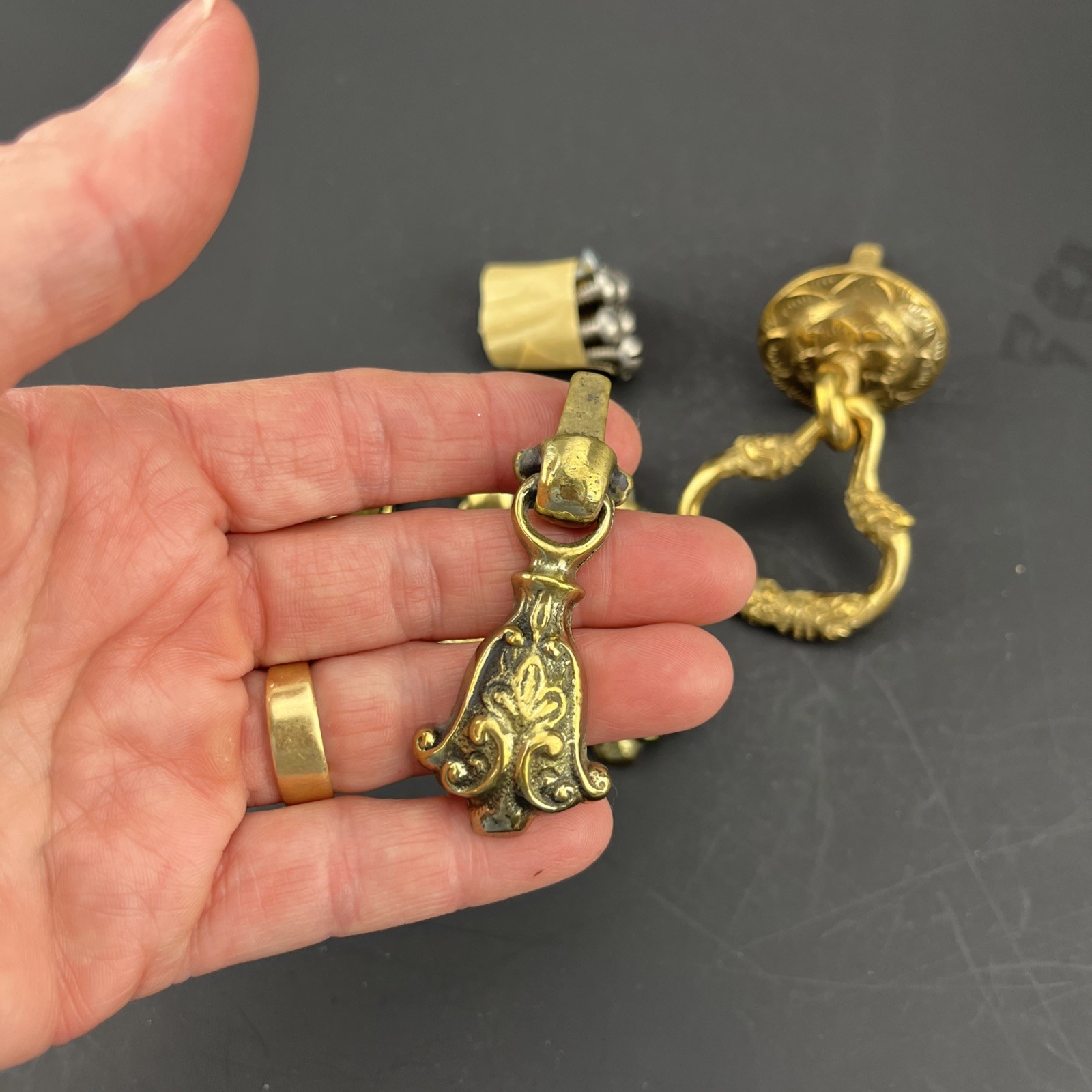 6 Antique Solid Brass drawer Pulls Patina 2 Sizes Bigger One Has Snake Heads